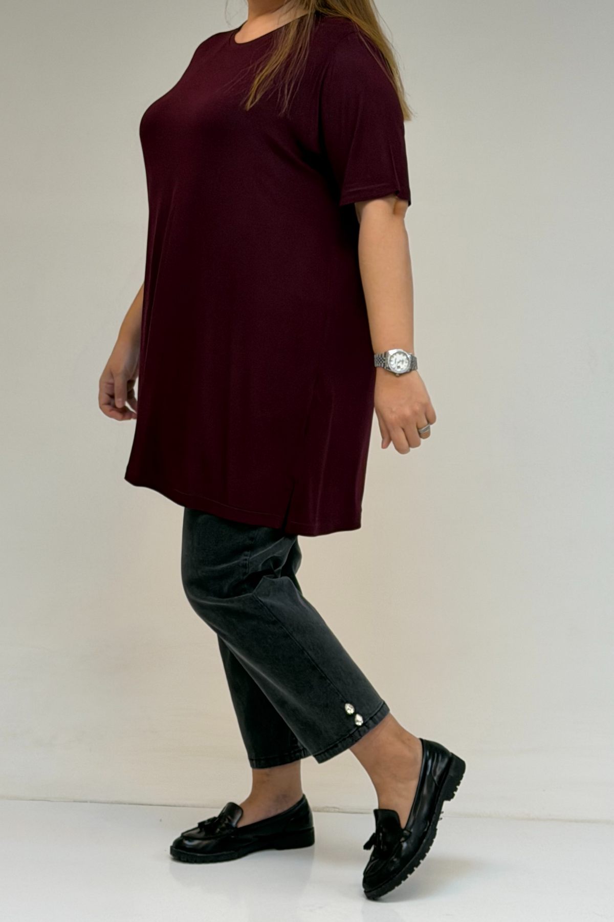 58507 Büyük Beden Yakası Biyeli Penye Tişört - Bordo
