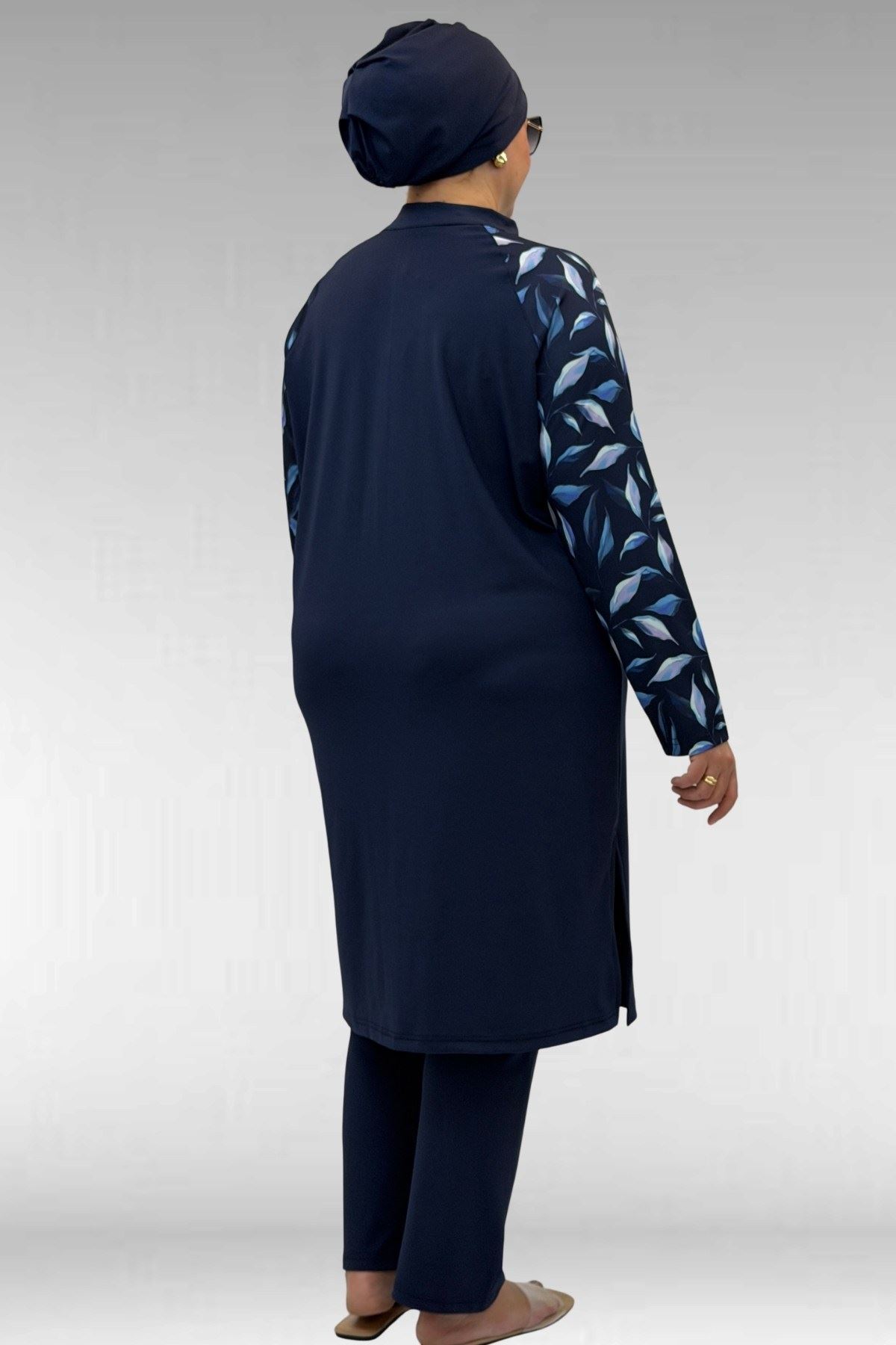 1733 Büyük Beden Fermuarlı Tesettür Mayo - Laci Yaprak Desenli-Laci