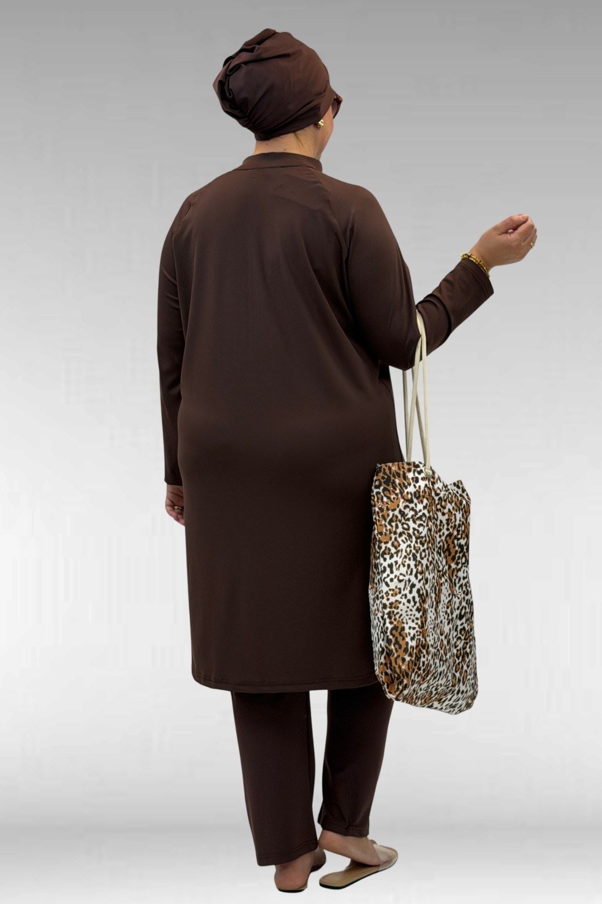 1733 Büyük Beden Fermuarlı Tesettür Mayo - Kahve