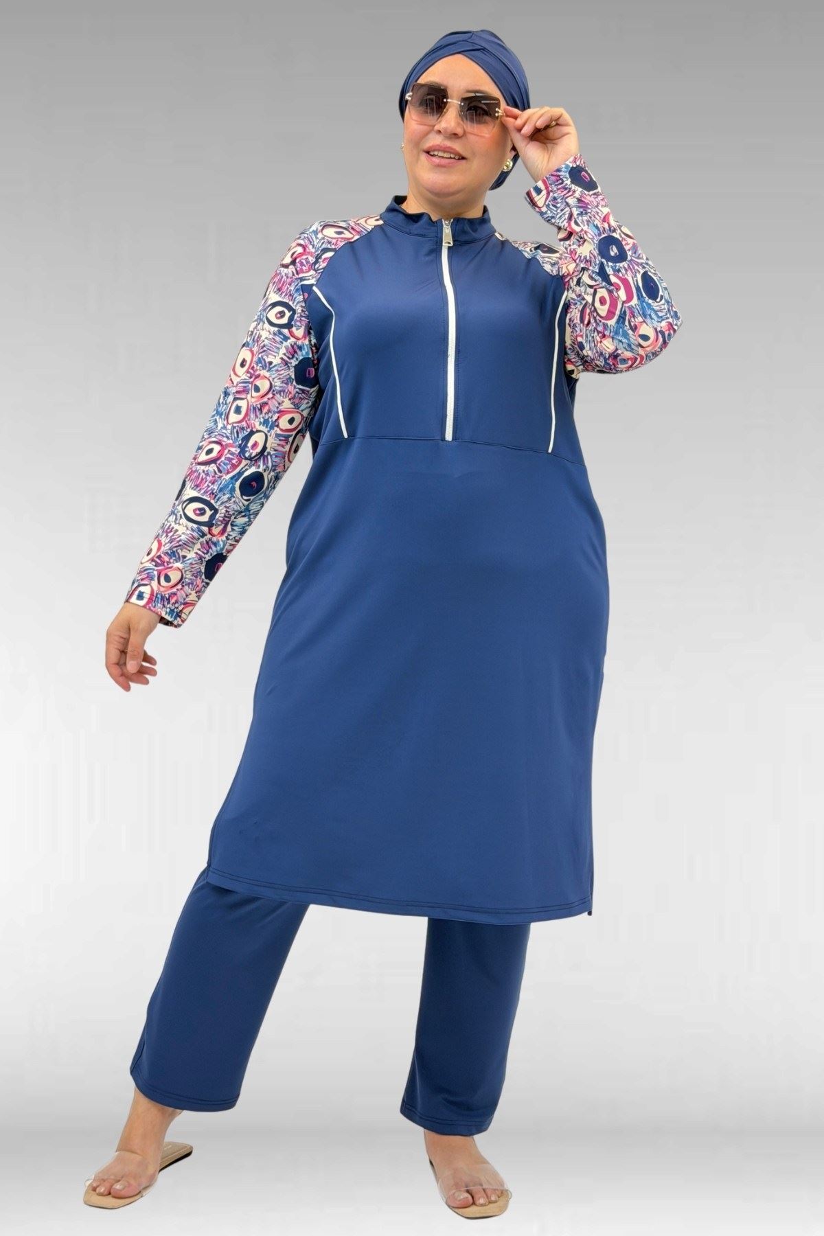 1733 Büyük Beden Fermuarlı Tesettür Mayo - Göz Desen İndigo-İndigo