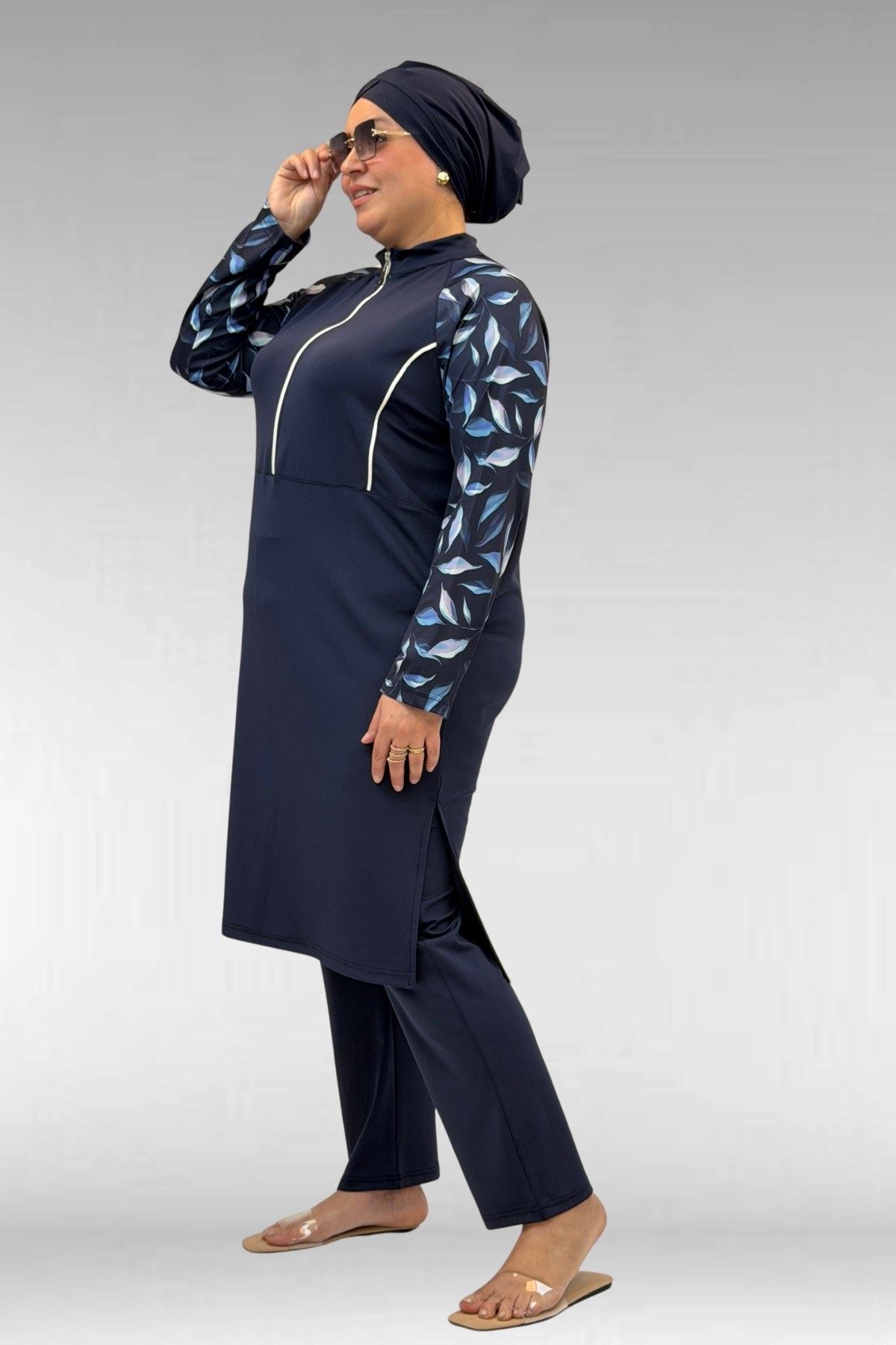 1733 Büyük Beden Fermuarlı Tesettür Mayo - Laci Yaprak Desenli-Laci