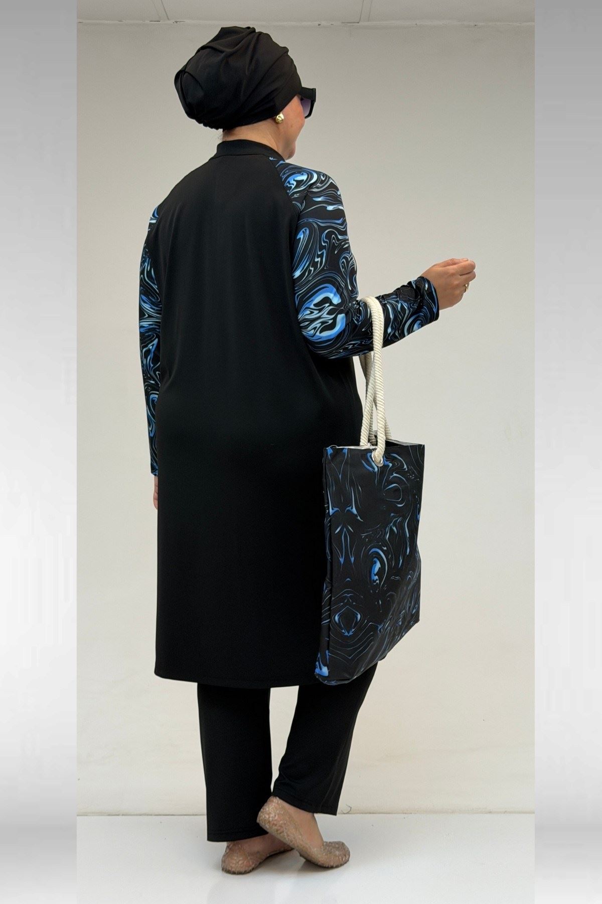 1733 Büyük Beden Fermuarlı Tesettür Mayo - Aqua Mavi-Siyah