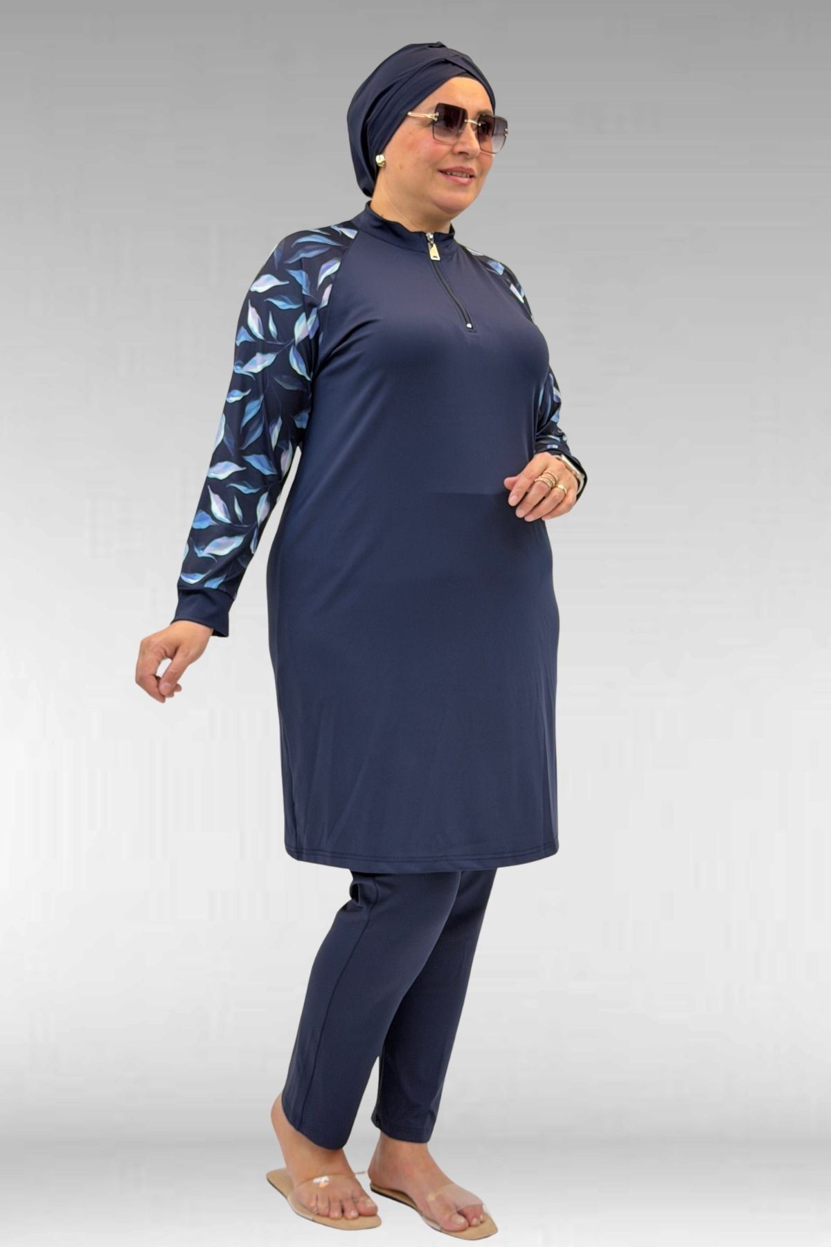 1732 Büyük Beden Balıkçı Yaka Fermuarlı Mayo - Laci Yaprak Desenli-Laci