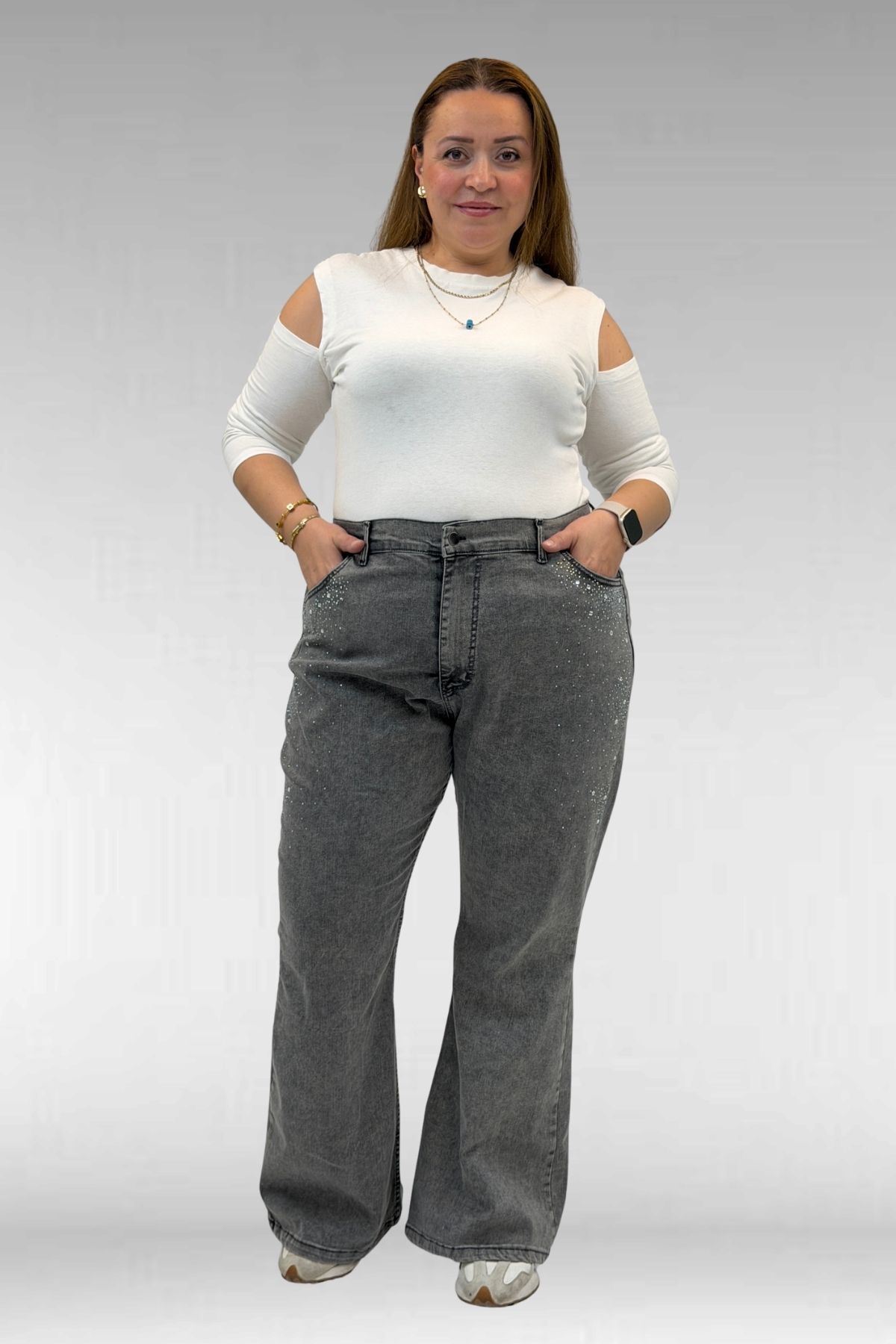 69004 Büyük Beden Yanları Taşlı İspanyol Kot Pantolon - Siyah