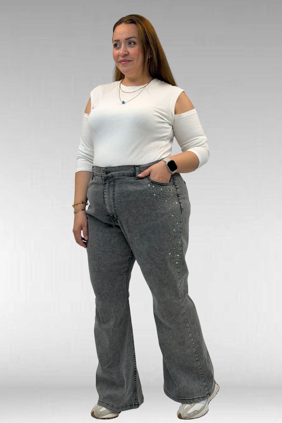 69004 Büyük Beden Yanları Taşlı İspanyol Kot Pantolon - Siyah