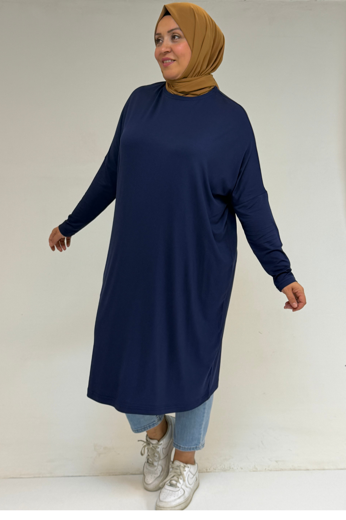 28092-E Büyük Beden Düşük Kol Penye Tunik - İndigo