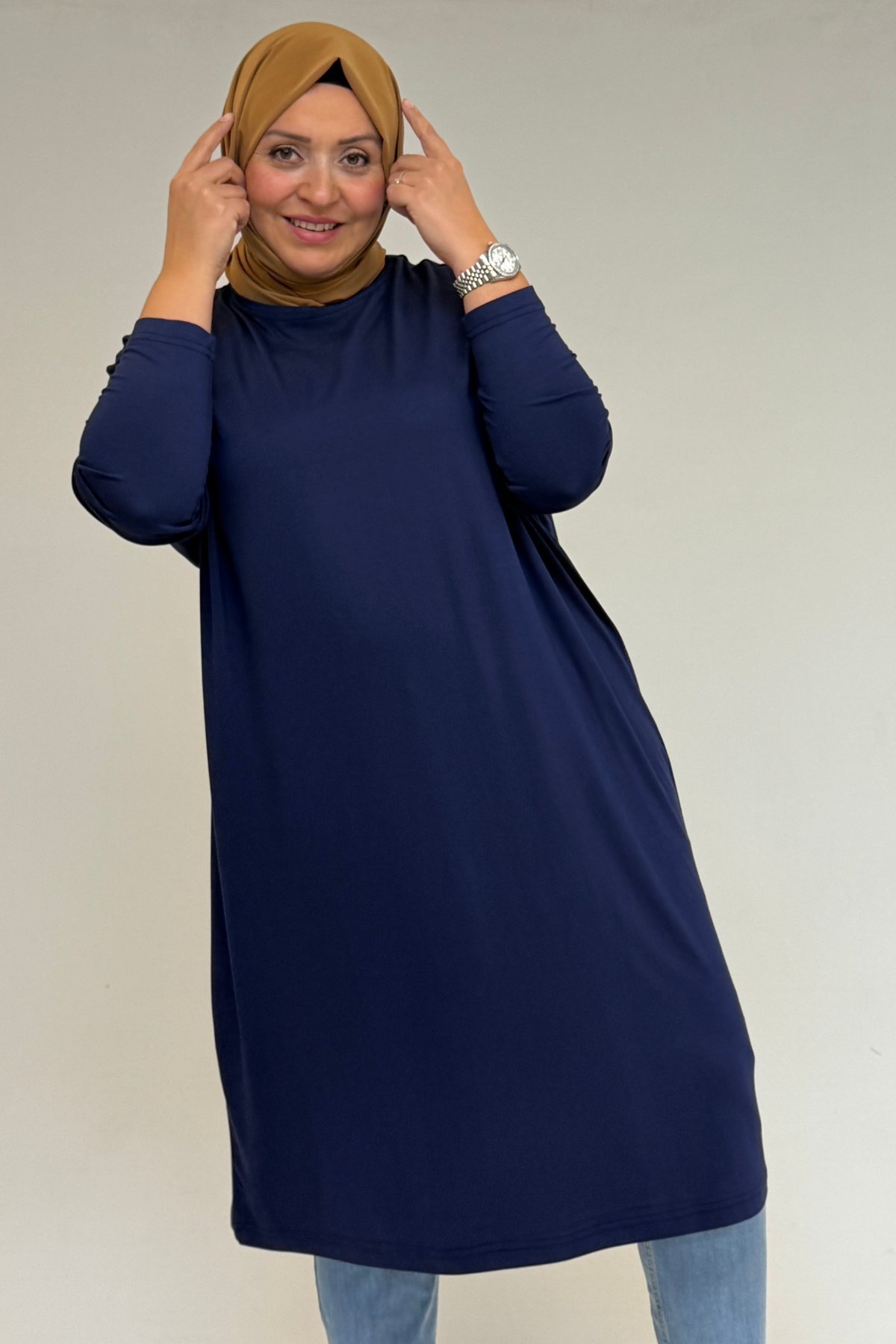 28092-E Büyük Beden Düşük Kol Penye Tunik - İndigo