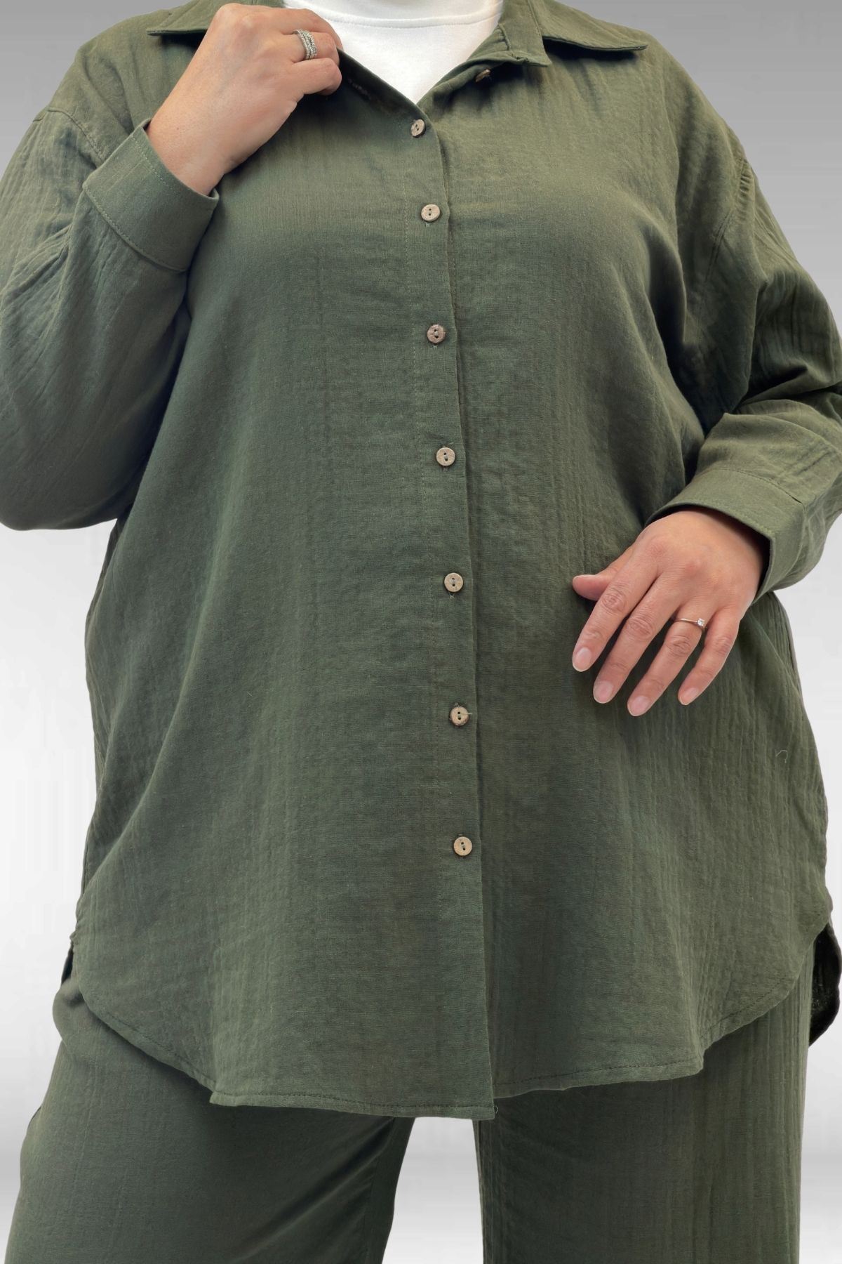 67038-E Büyük Beden Erkek Yakalı Müslin Pantolonlu Takım - Haki