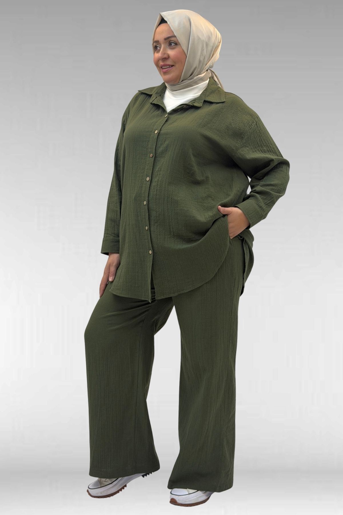 67038-E Büyük Beden Erkek Yakalı Müslin Pantolonlu Takım - Haki