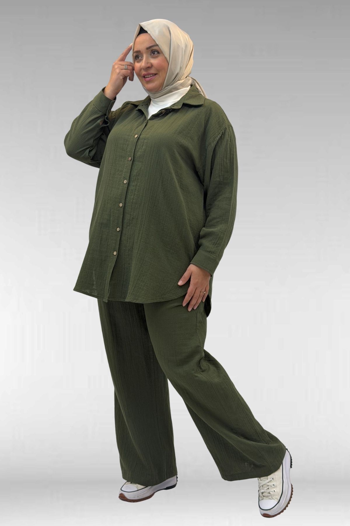 67038-E Büyük Beden Erkek Yakalı Müslin Pantolonlu Takım - Haki