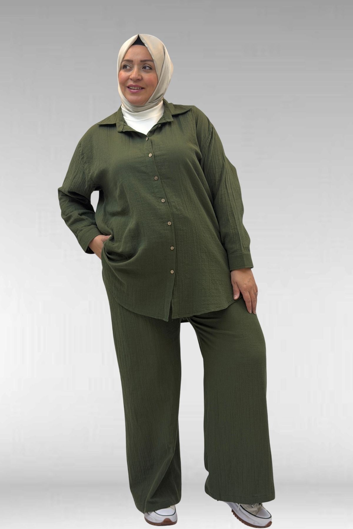 67038-E Büyük Beden Erkek Yakalı Müslin Pantolonlu Takım - Haki