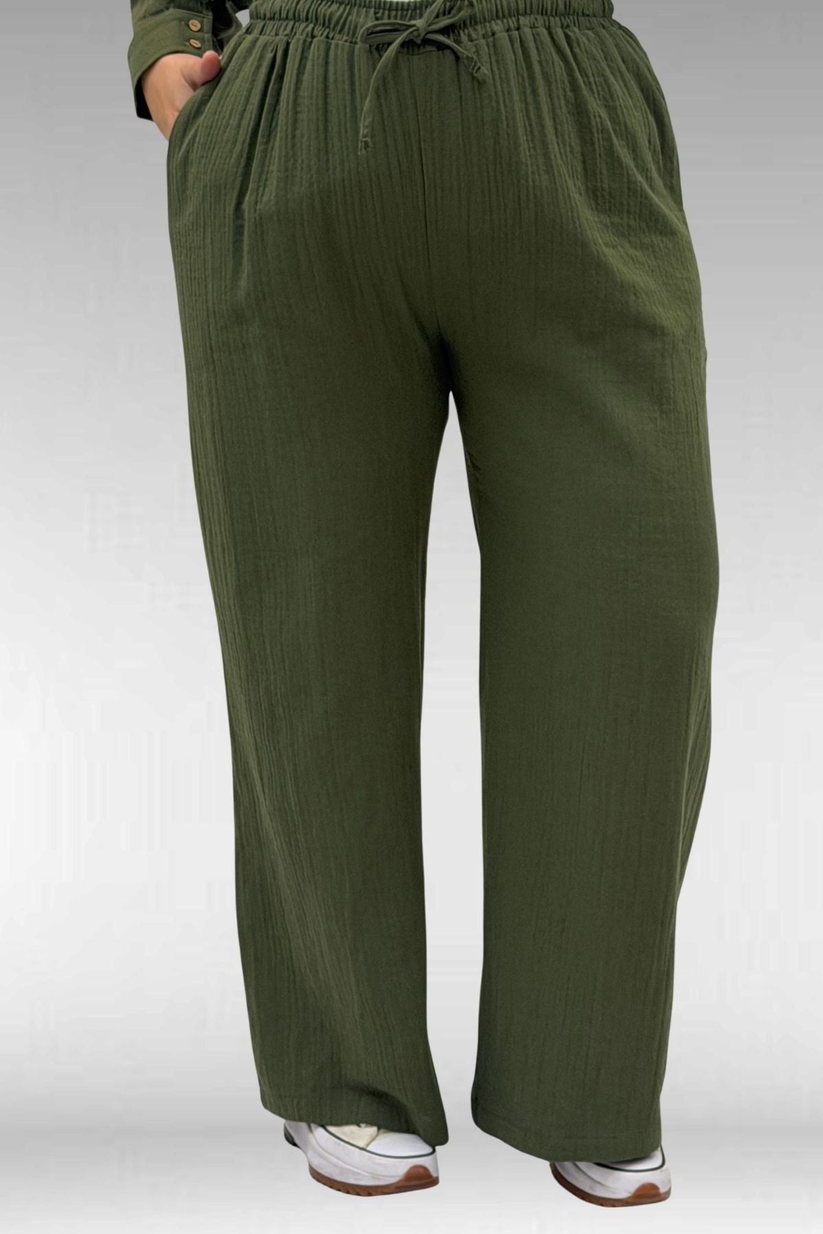 67038-E Büyük Beden Erkek Yakalı Müslin Pantolonlu Takım - Haki