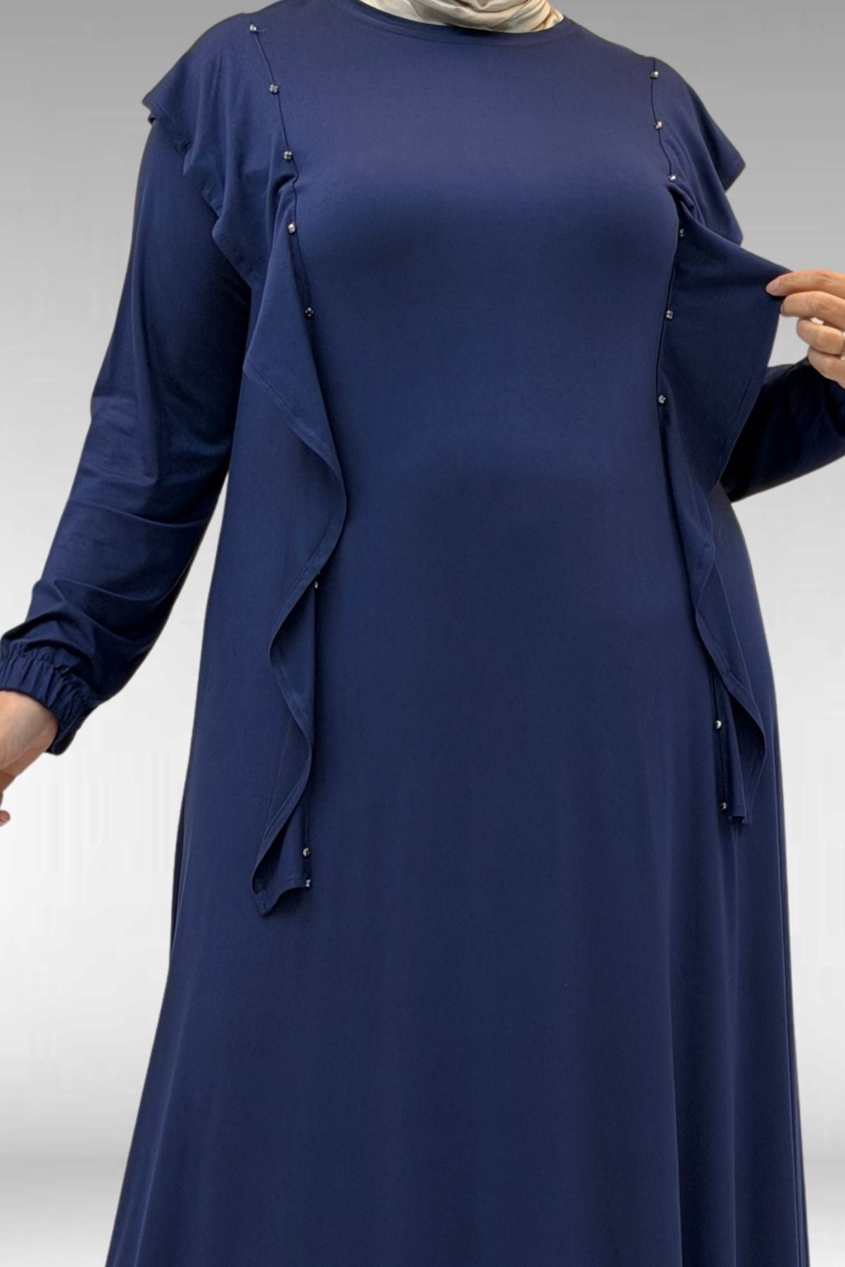 62003-E Büyük Beden Omuzdan Aşağı Fırfır Detaylı Penye Elbise - İndigo 