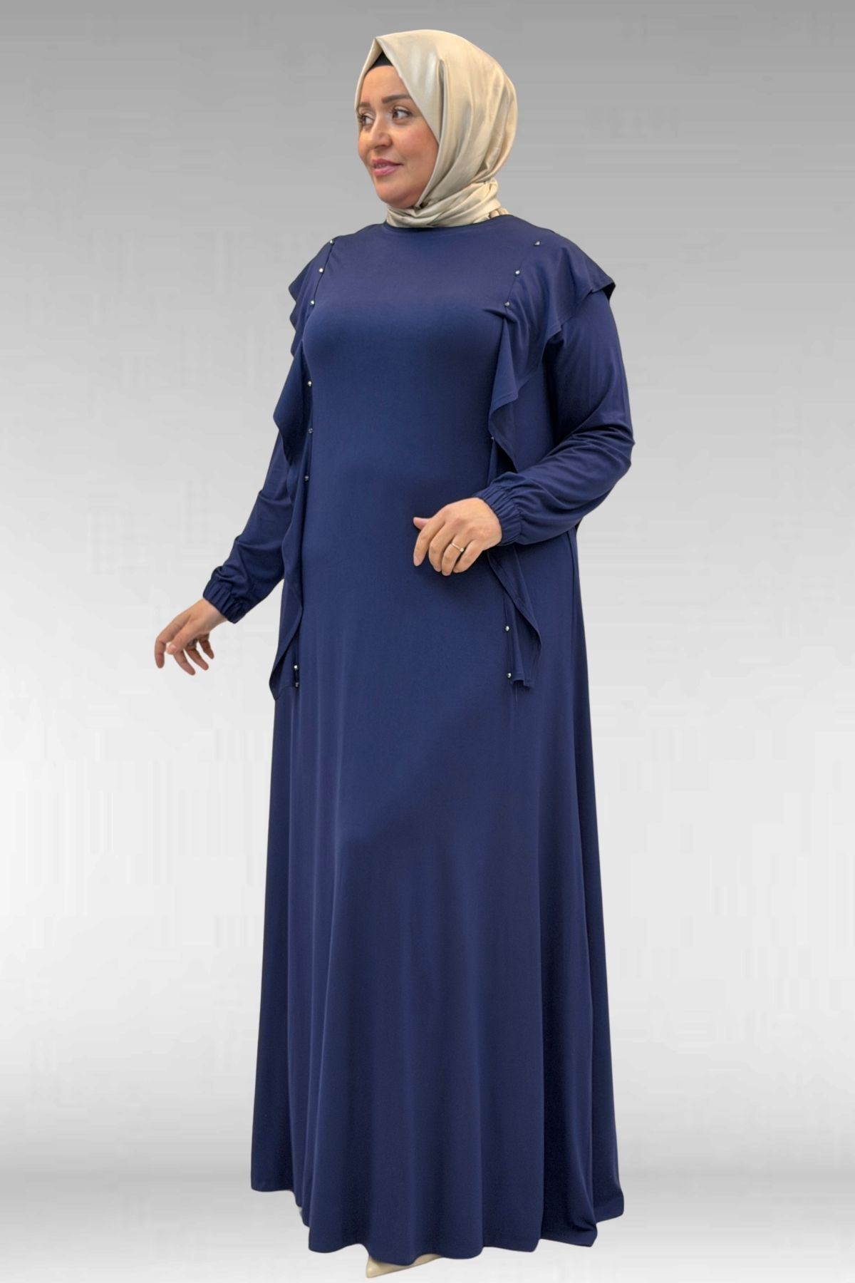 62003-E Büyük Beden Omuzdan Aşağı Fırfır Detaylı Penye Elbise - İndigo 