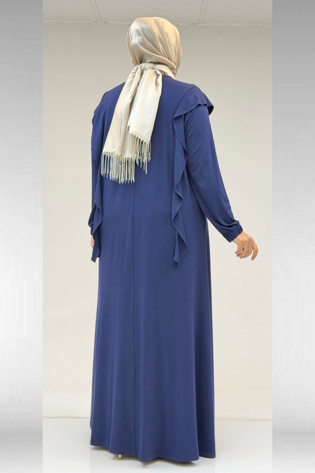 62003-E Büyük Beden Omuzdan Aşağı Fırfır Detaylı Penye Elbise - İndigo 