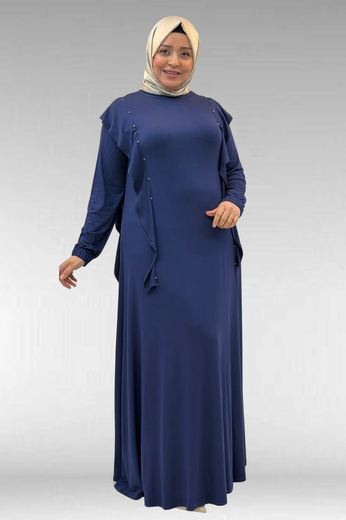 62003-E Büyük Beden Omuzdan Aşağı Fırfır Detaylı Penye Elbise - İndigo 