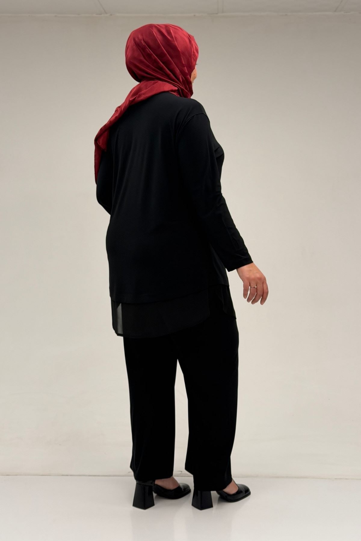 67009-E Büyük Beden Etek Ucu Şifon Detaylı Sandy Pantolonlu Takım - Siyah