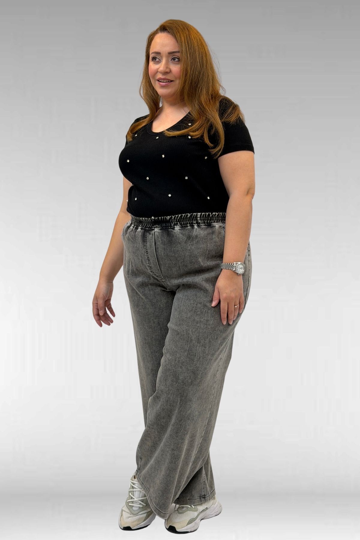 69003-E Büyük Beden Beli Lastikli Bolpaça Kot Pantolon - Antrasit