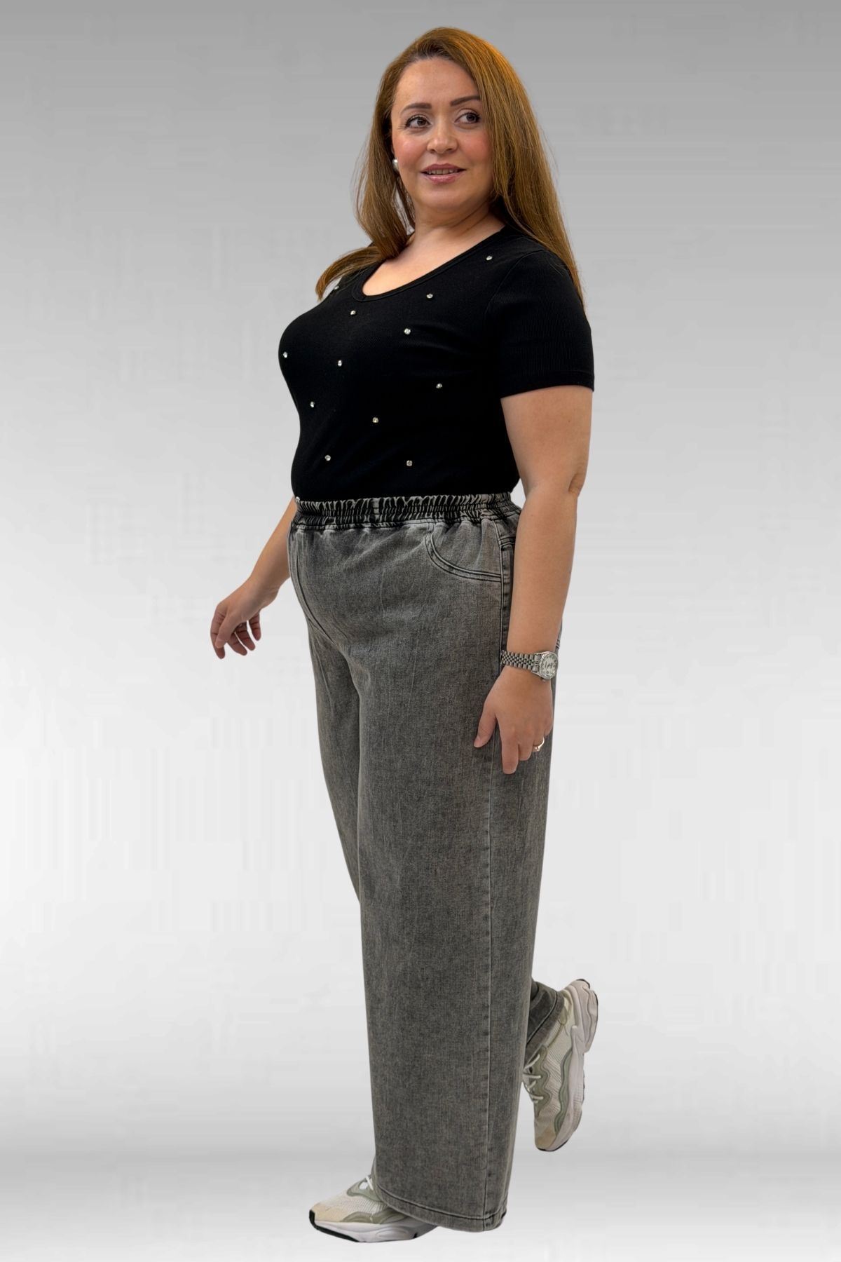 69003-E Büyük Beden Beli Lastikli Bolpaça Kot Pantolon - Antrasit