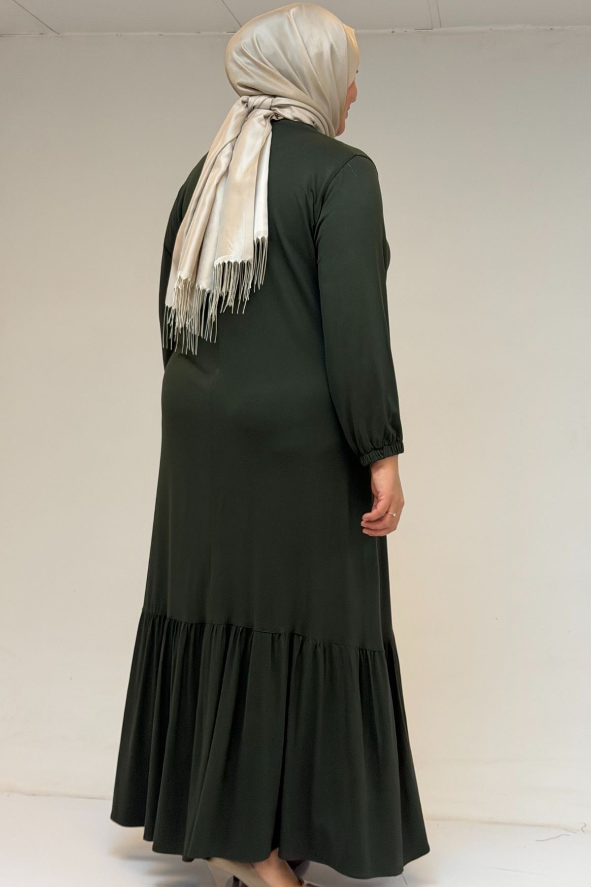 52034-E Büyük Beden Eteği Fırfrılı Penye Elbise - Haki