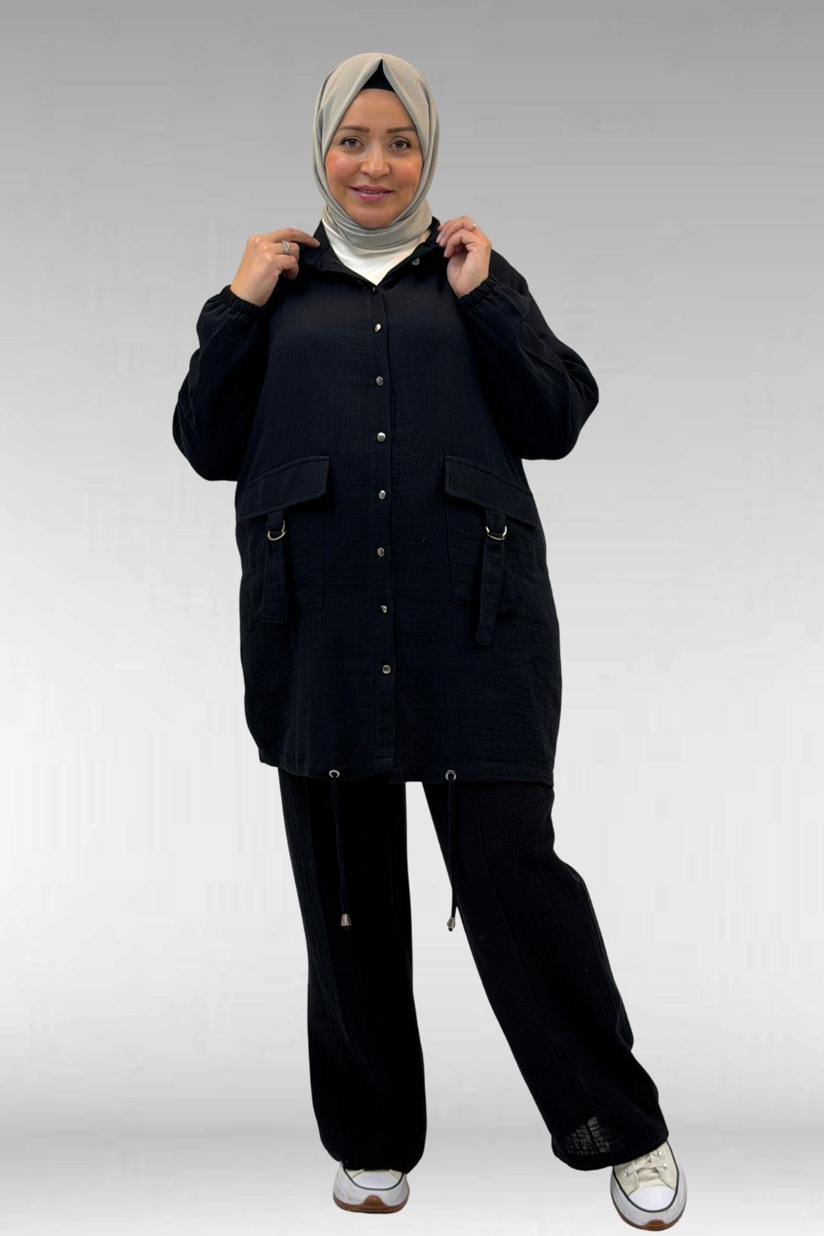 67015-E Büyük Beden Cepleri D Toka Detaylı Müslin Pantolonlu Takım - Siyah