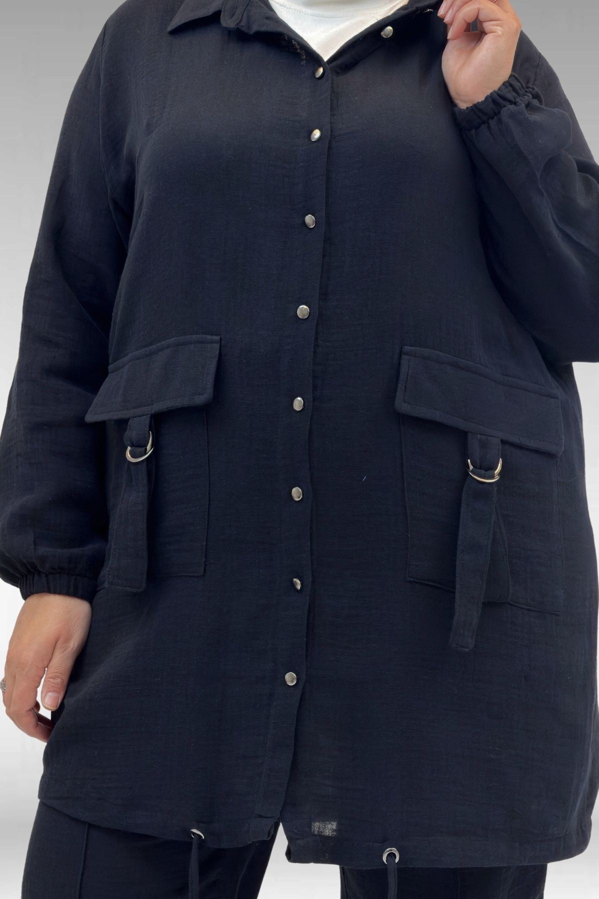 67015-E Büyük Beden Cepleri D Toka Detaylı Müslin Pantolonlu Takım - Siyah