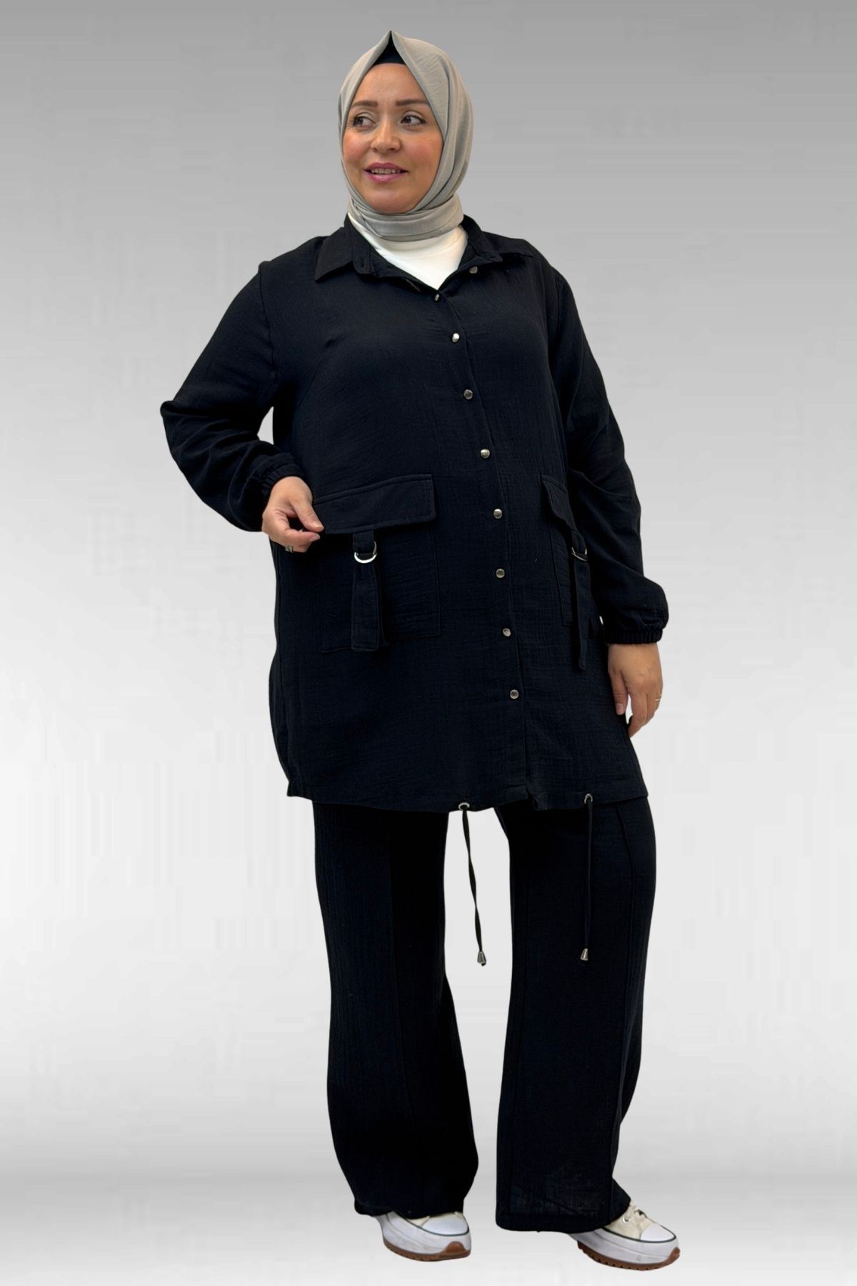 67015-E Büyük Beden Cepleri D Toka Detaylı Müslin Pantolonlu Takım - Siyah