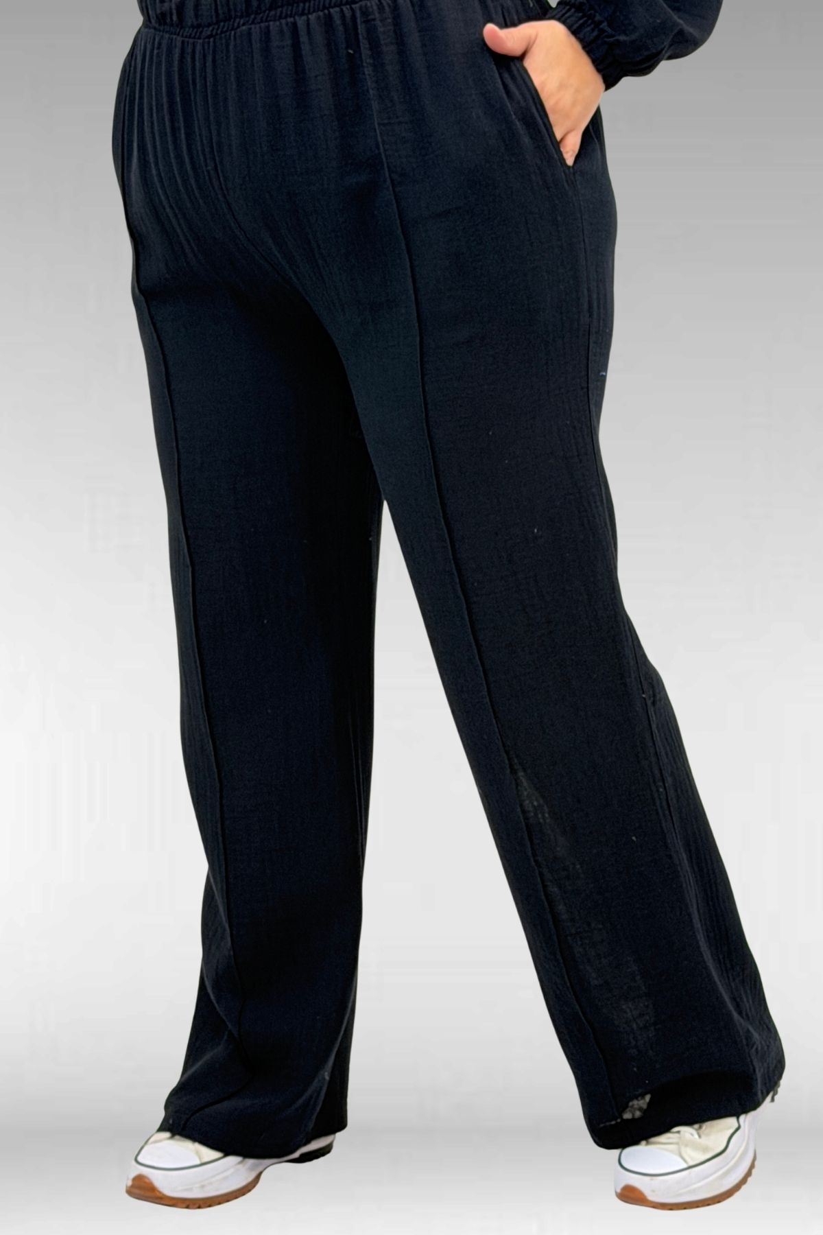 67015-E Büyük Beden Cepleri D Toka Detaylı Müslin Pantolonlu Takım - Siyah