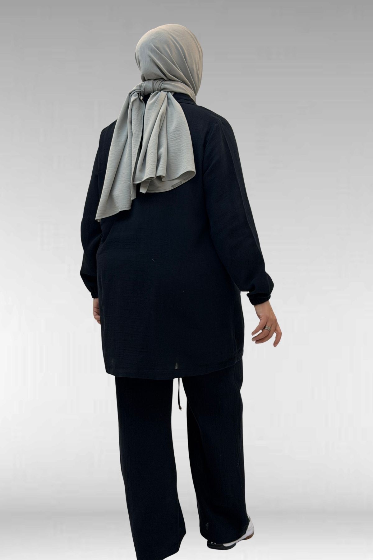 67015-E Büyük Beden Cepleri D Toka Detaylı Müslin Pantolonlu Takım - Siyah