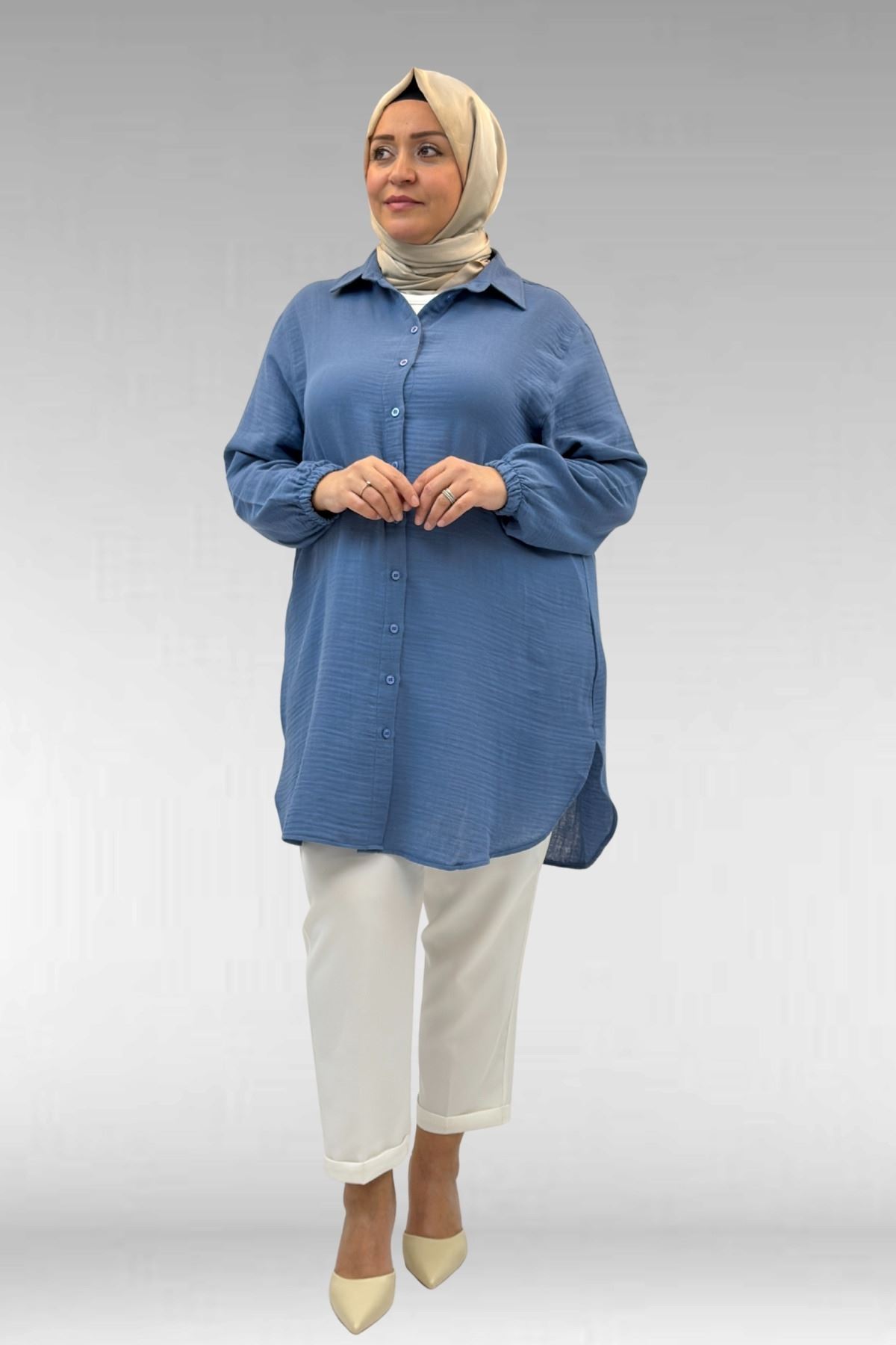 58091-E Büyük Beden Kolları Lastikli Müslin Gömlek - Soğuk Mavi 