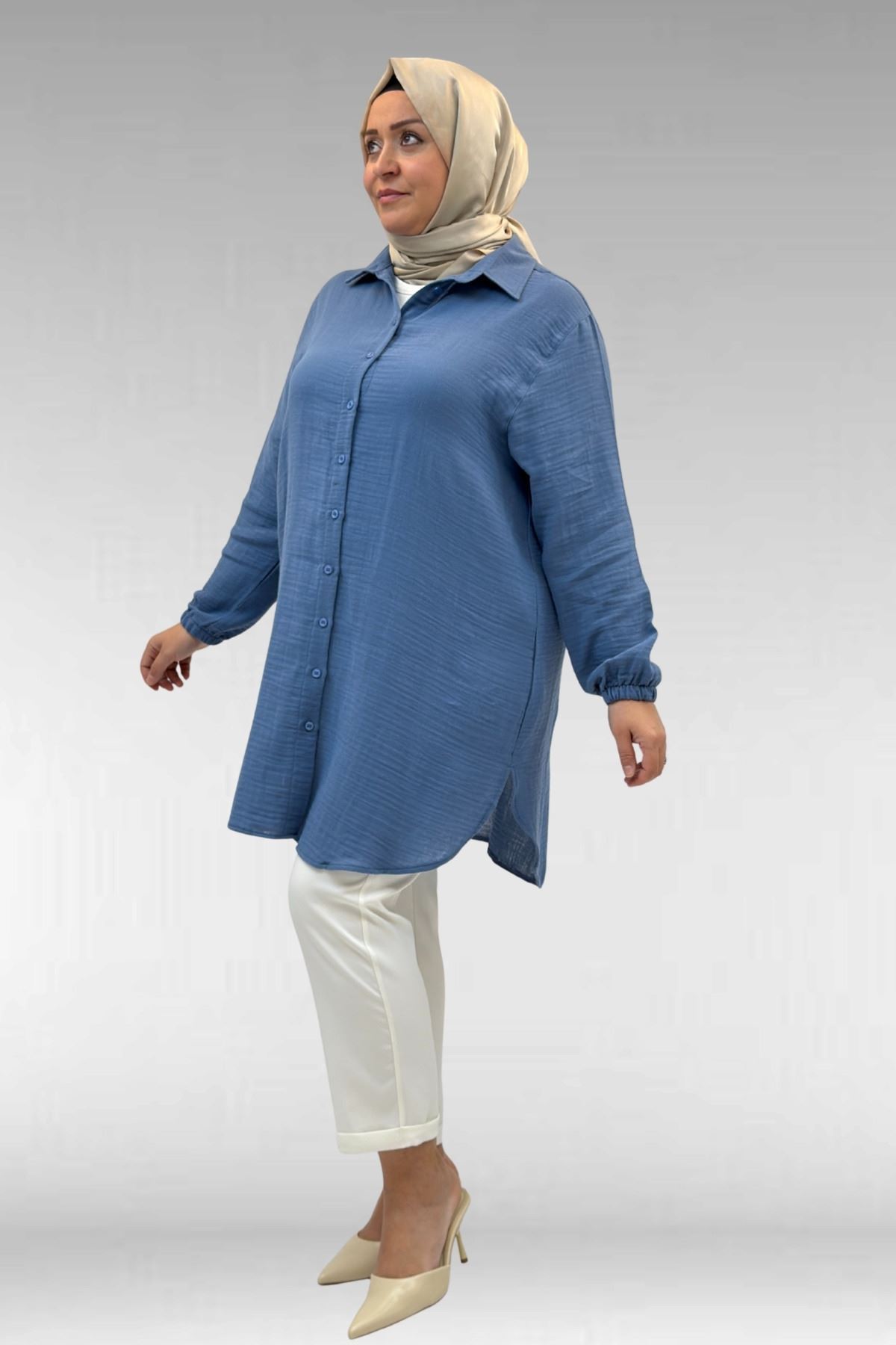 58091-E Büyük Beden Kolları Lastikli Müslin Gömlek - Soğuk Mavi 