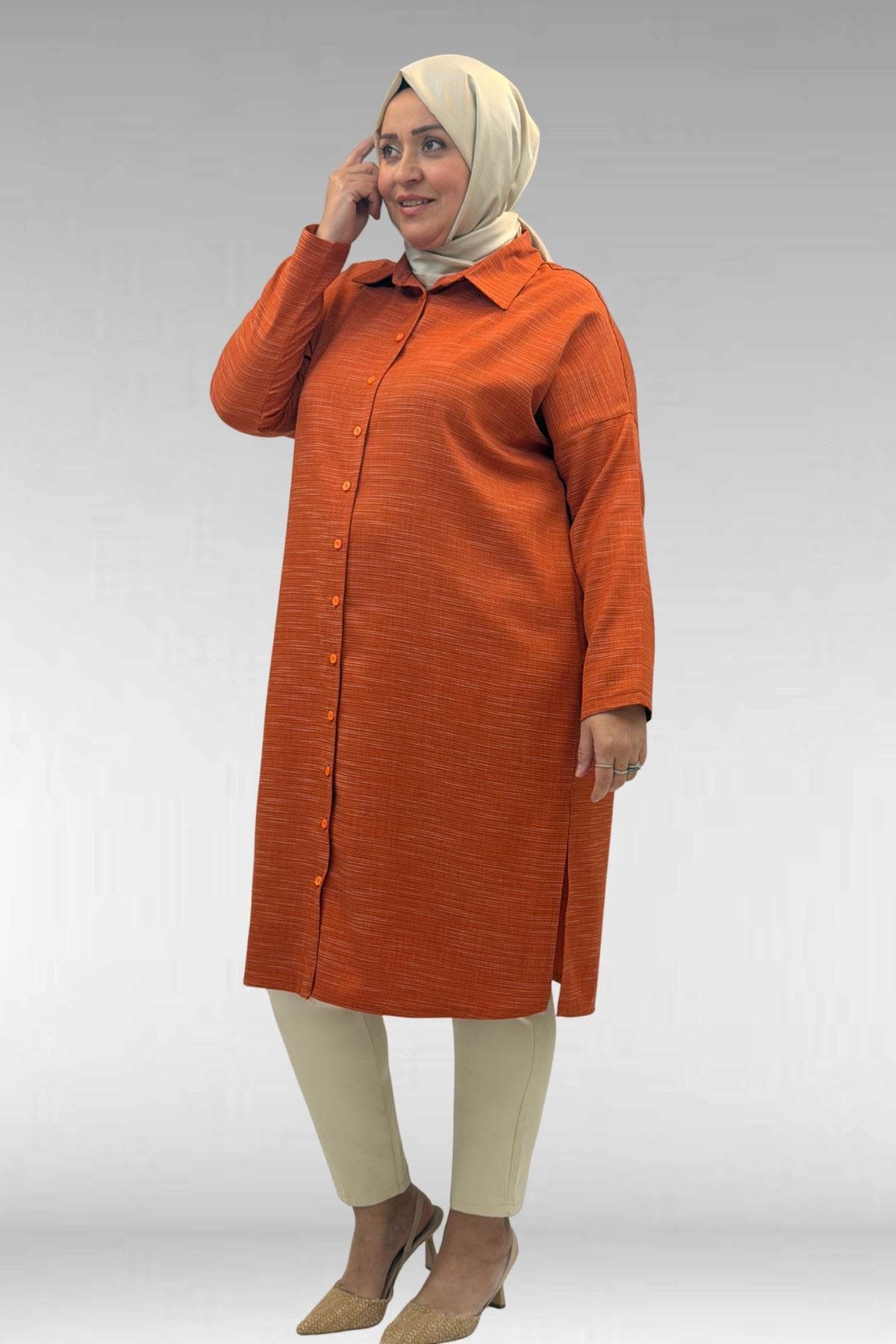 68018 Büyük Beden Düşük Kol Gömlek - Kiremit