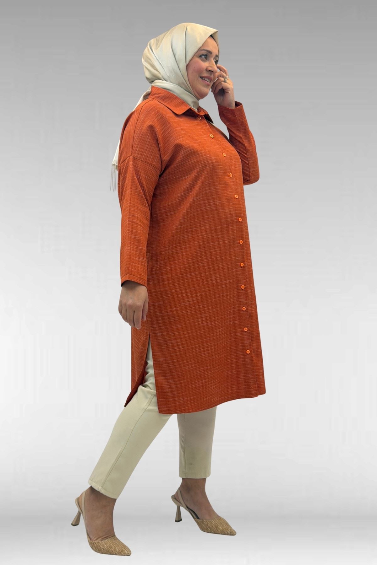 68018 Büyük Beden Düşük Kol Gömlek - Kiremit