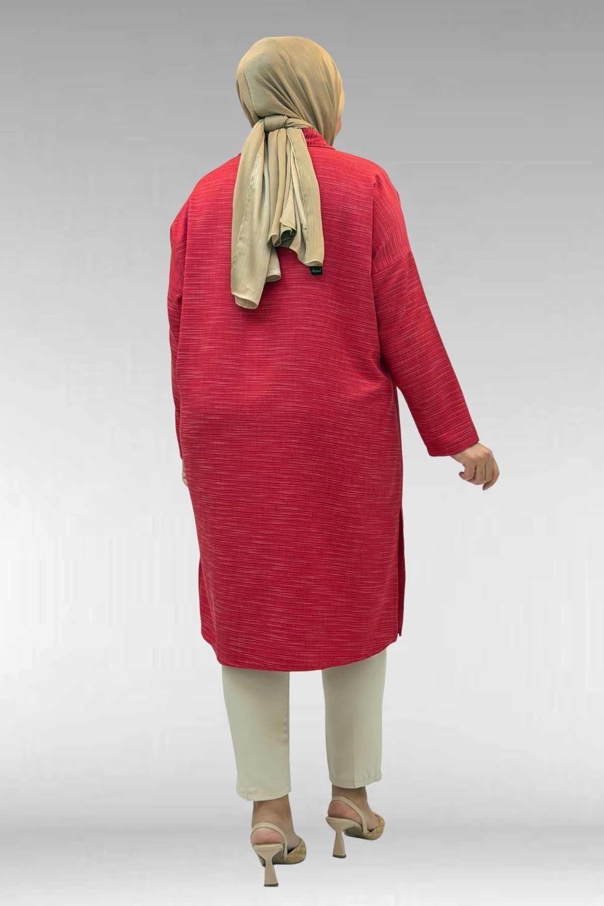 68018 Büyük Beden Düşük Kol Gömlek - Kırmızı