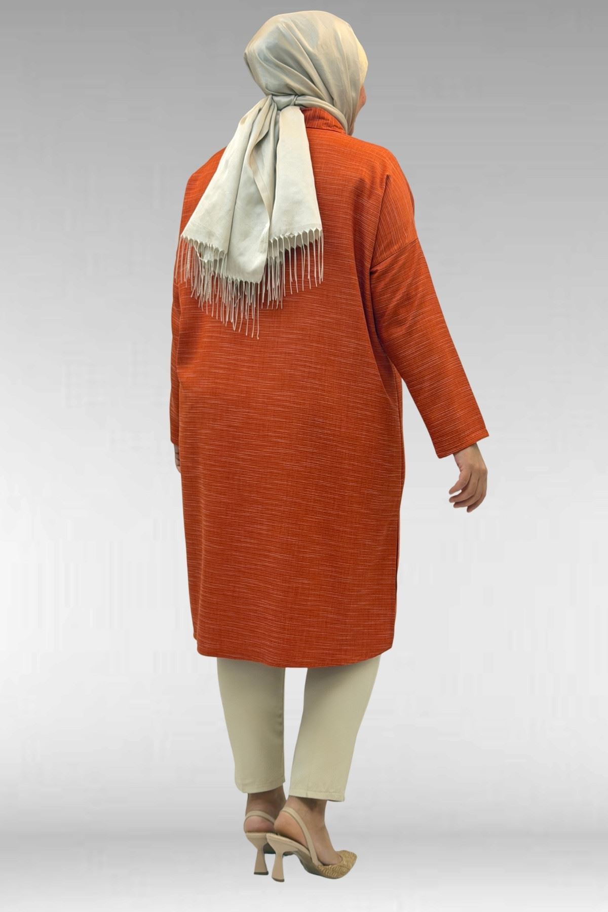 68018 Büyük Beden Düşük Kol Gömlek - Kiremit