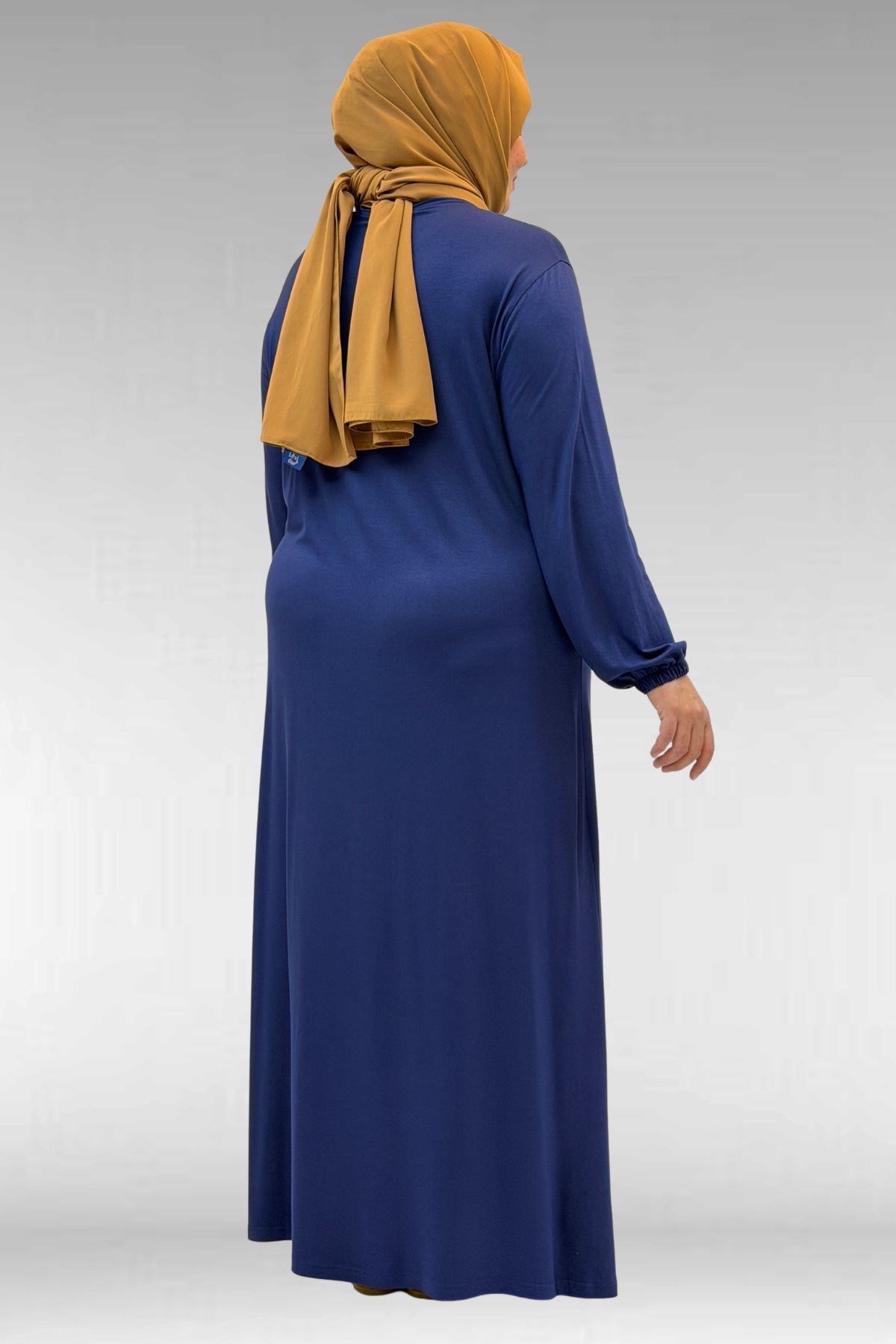 22008 Büyük Beden Kolu Lastikli Penye Elbise - İndigo