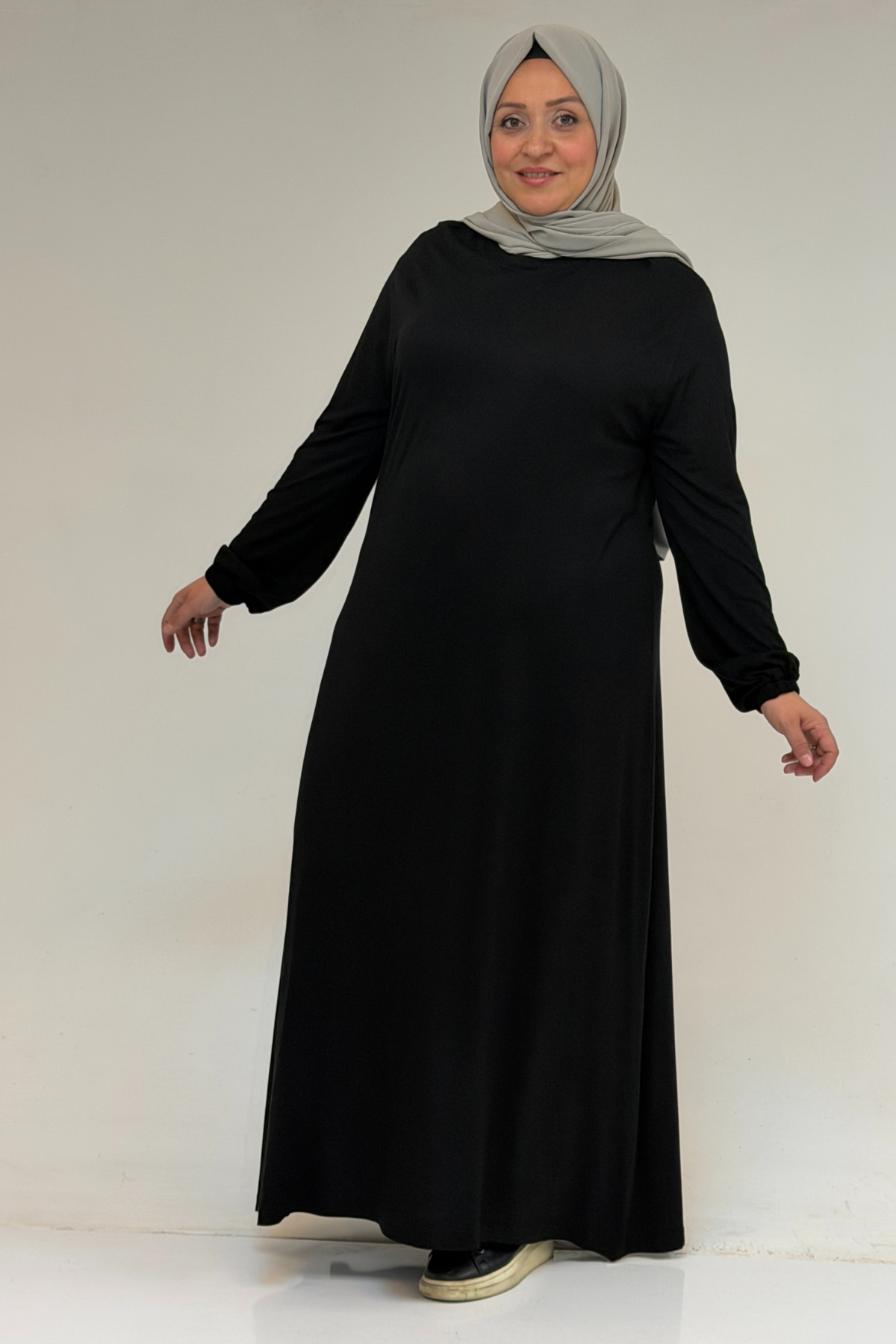 22008 Büyük Beden Kolu Lastikli Penye Elbise - Siyah