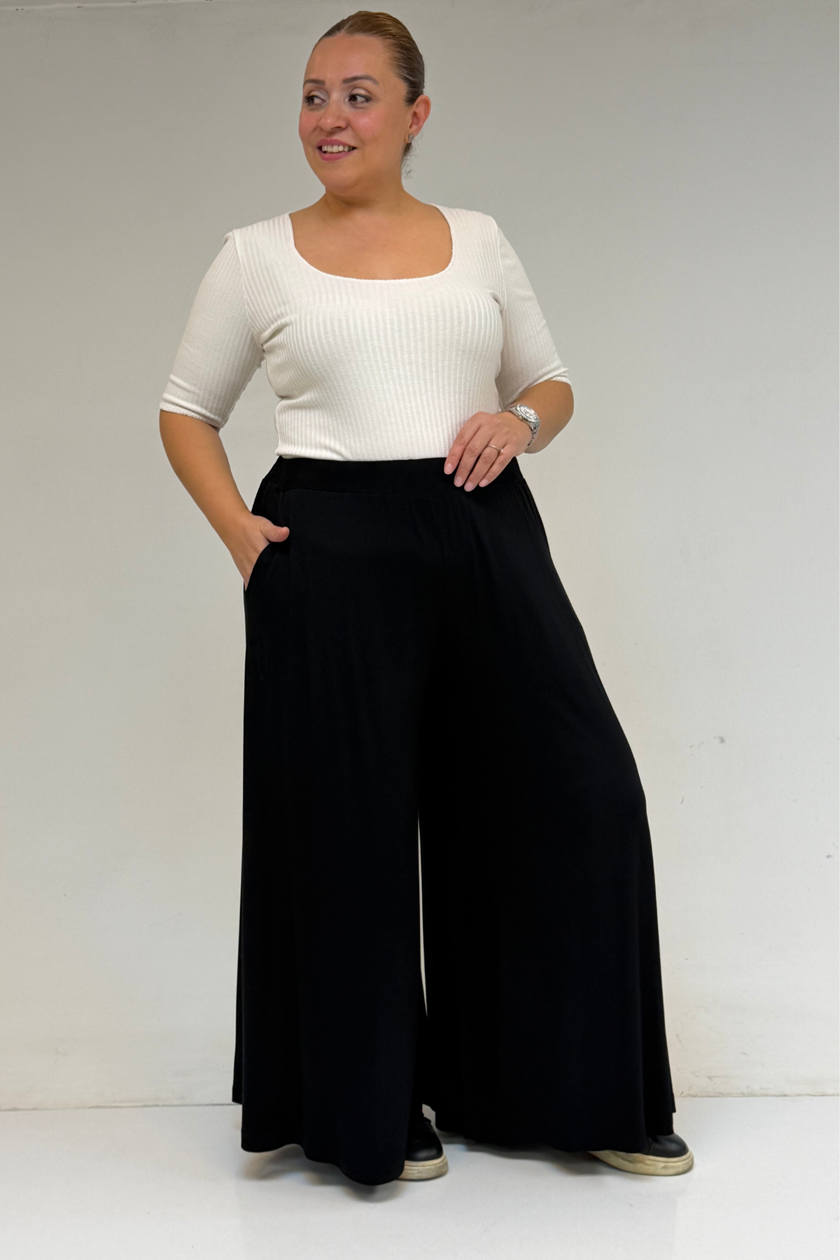 49003 Büyük Beden Beli Lastikli Penye Etek Pantolon - Siyah