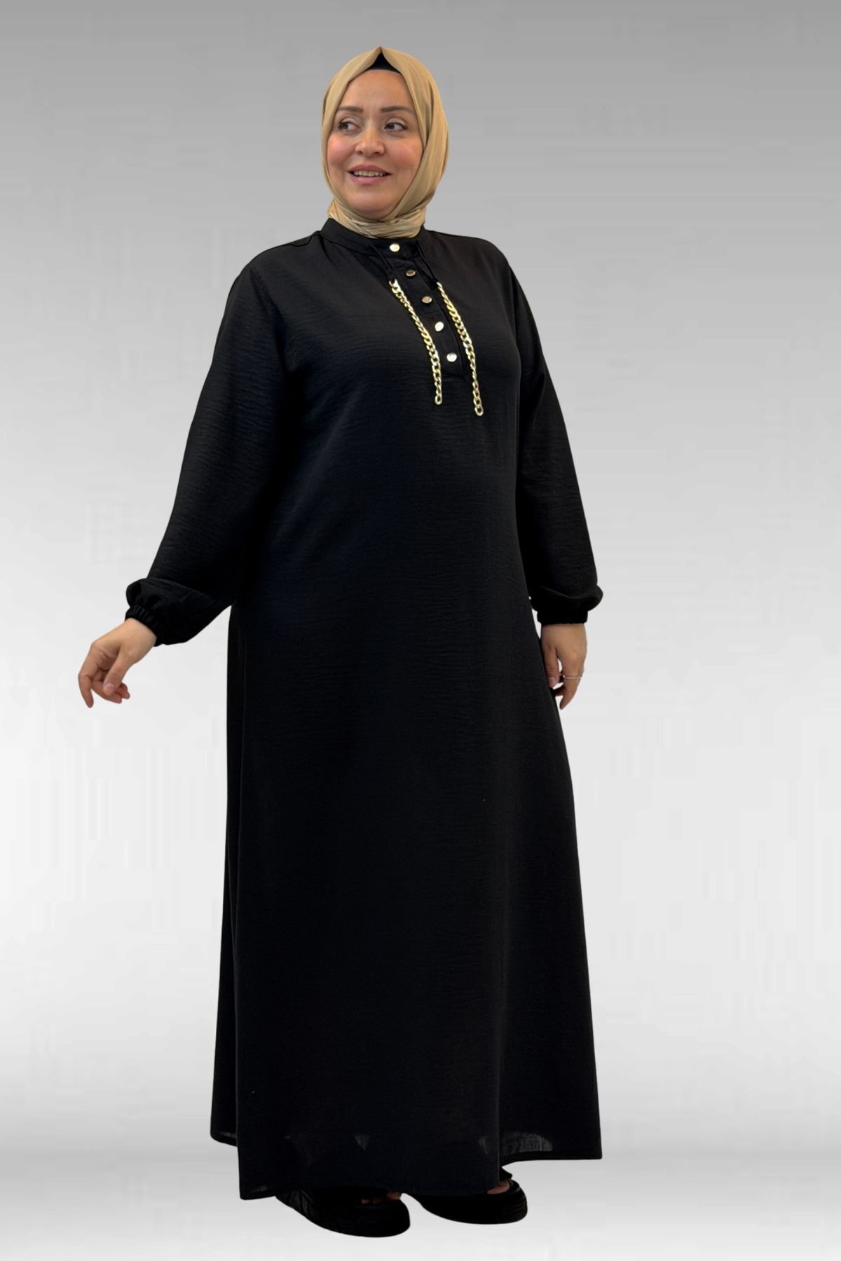 42010 Büyük Beden Keten Airobin Düğmeli Elbise-Siyah