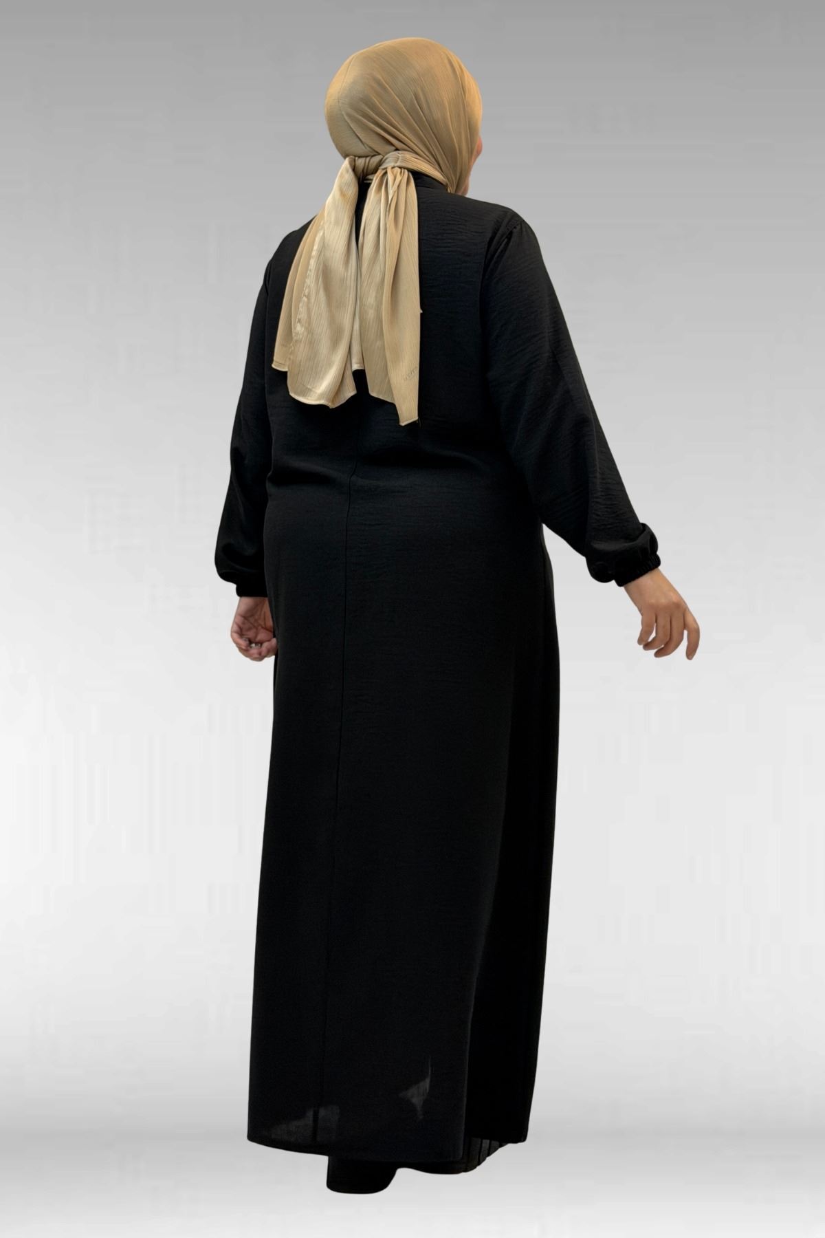 42010 Büyük Beden Keten Airobin Düğmeli Elbise-Siyah