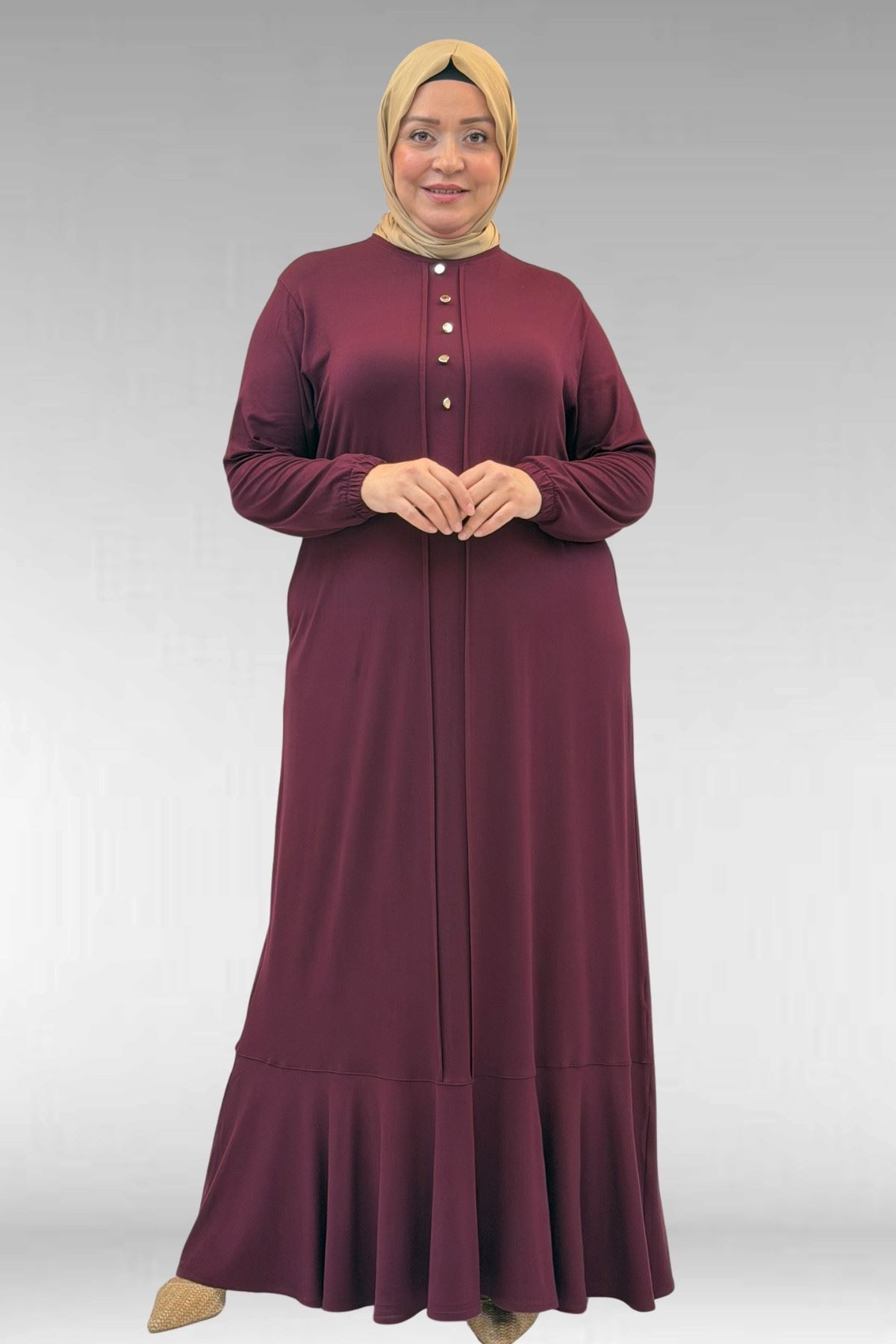 62006 Büyük Beden Önü Çıma Detaylı Penye Elbise - Bordo