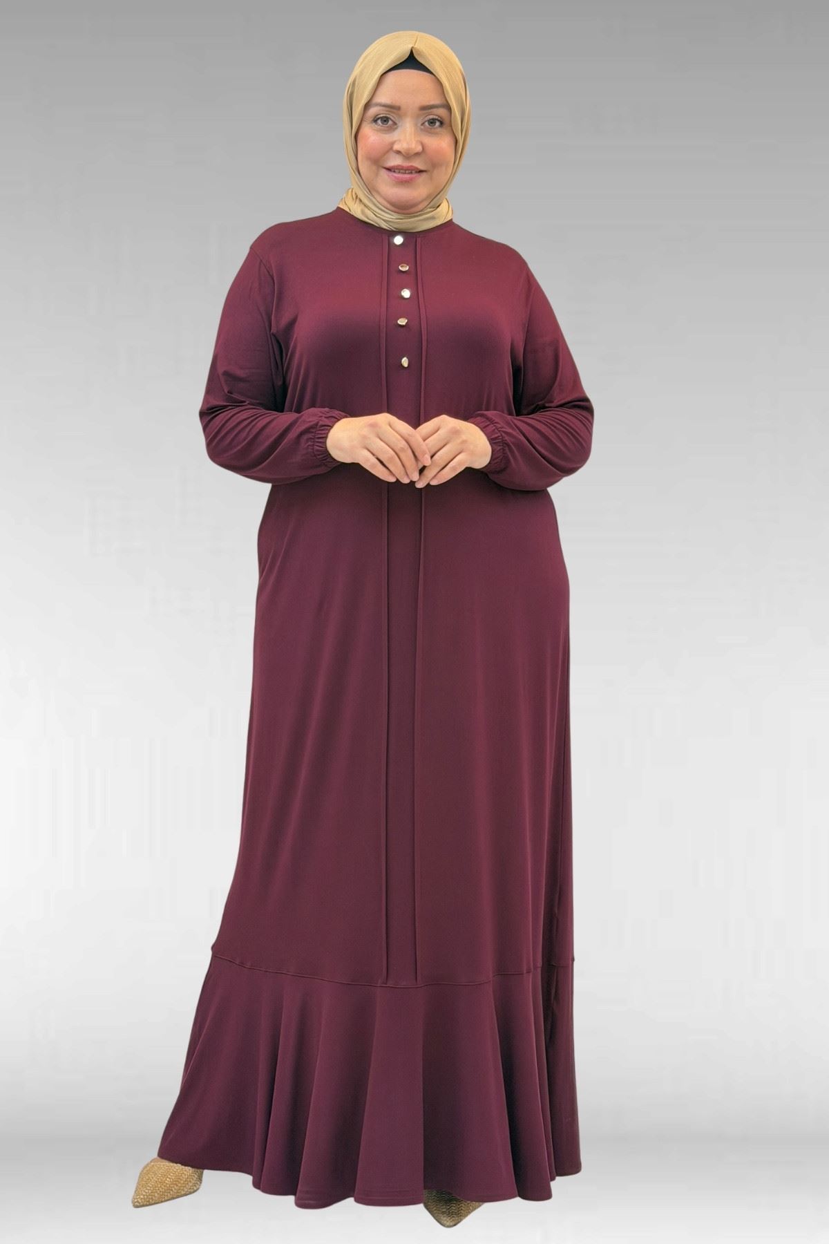 62006 Büyük Beden Önü Çıma Detaylı Penye Elbise - Bordo