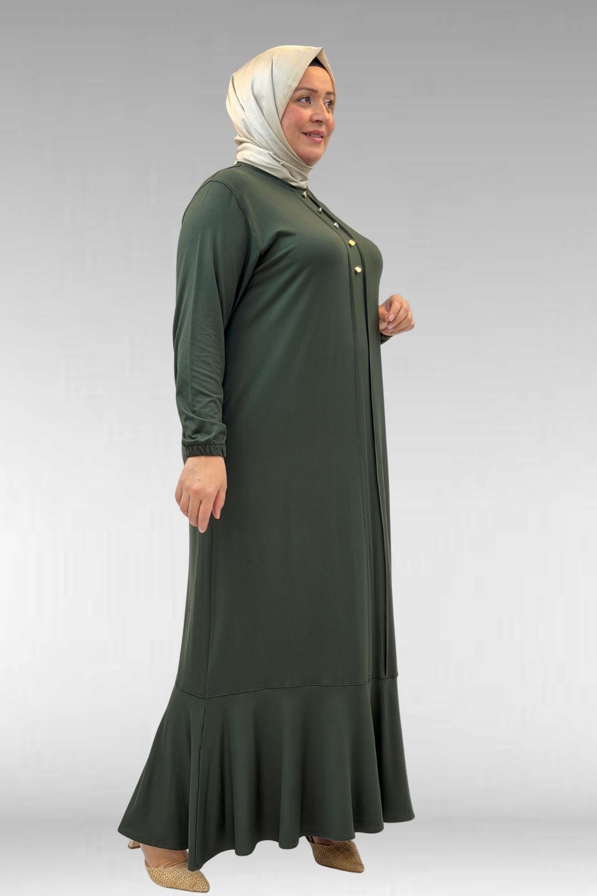 62006 Büyük Beden Önü Çıma Detaylı Penye Elbise - Haki