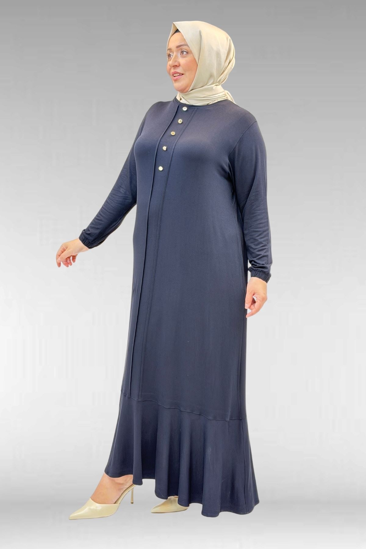 62006 Büyük Beden Önü Çıma Detaylı Penye Elbise - Koyu Lacivert