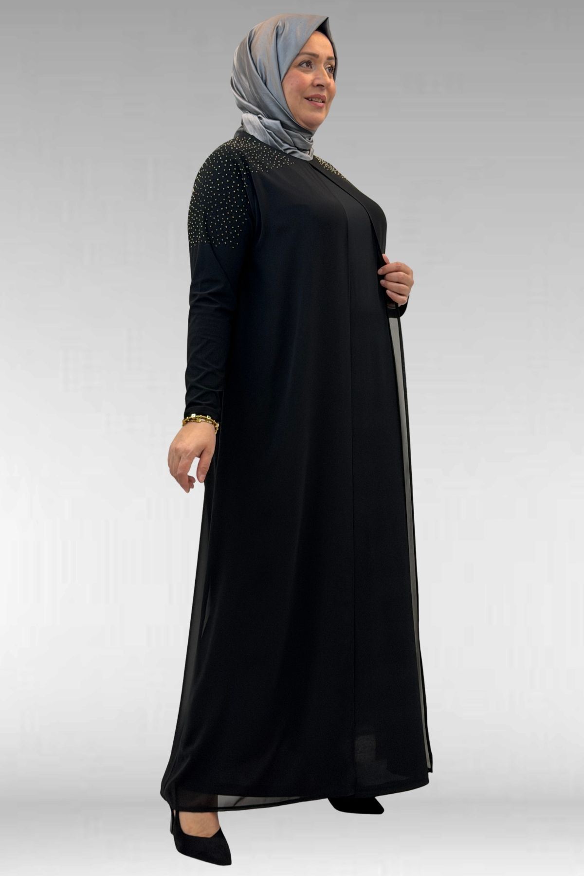 42003 Büyük Beden Taş Detaylı Sandy-Şifon Elbise - Siyah