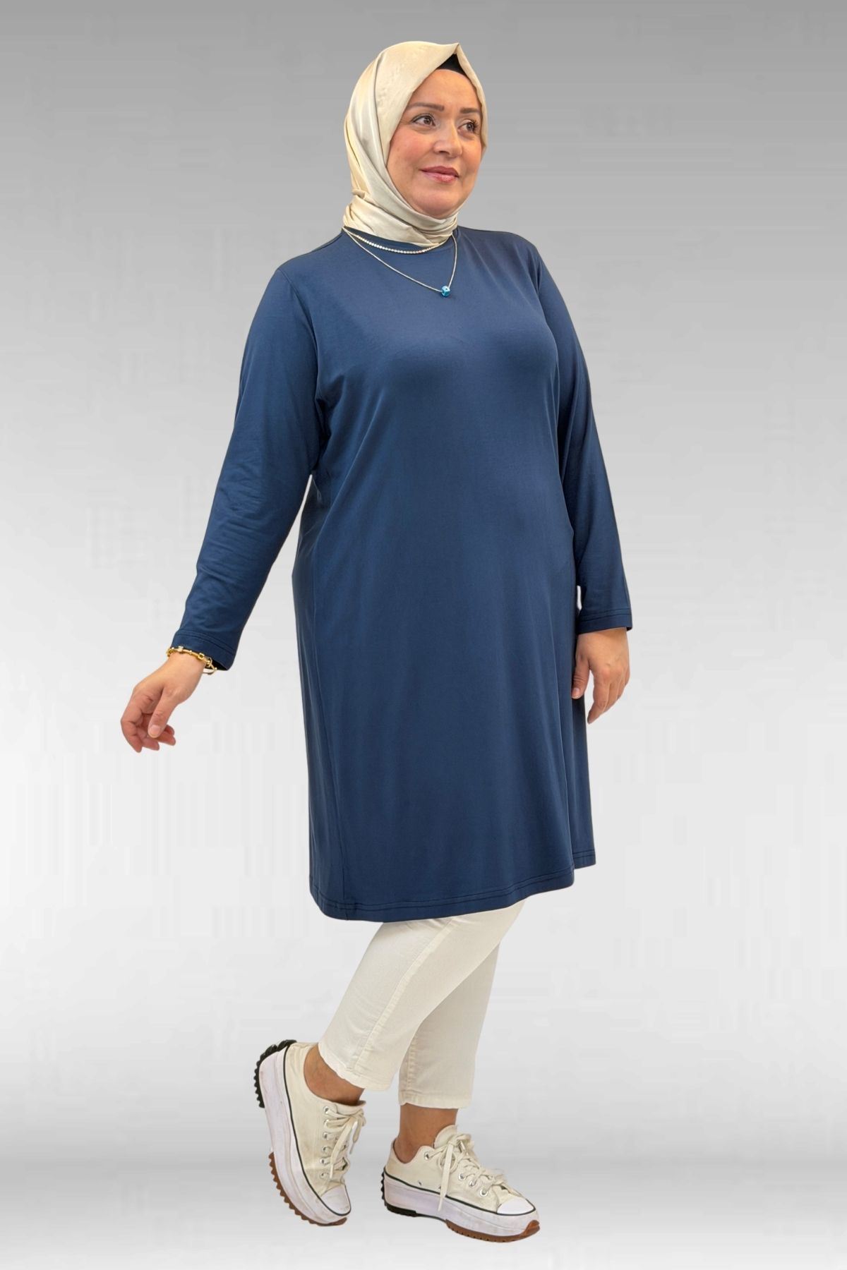 38501 Büyük Beden Basic Penye Tunik - İndigo