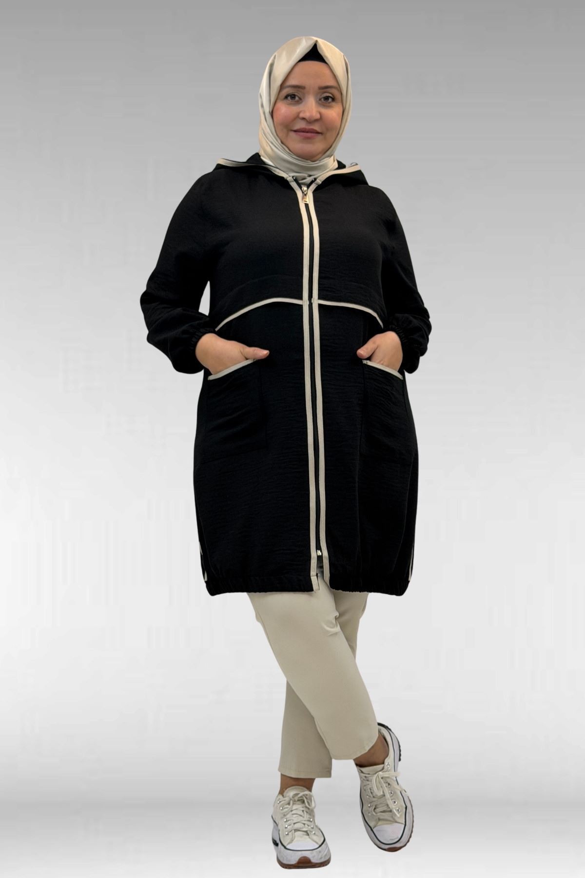 43032 Büyük Beden Biye Detaylı  Keten Kap - Siyah