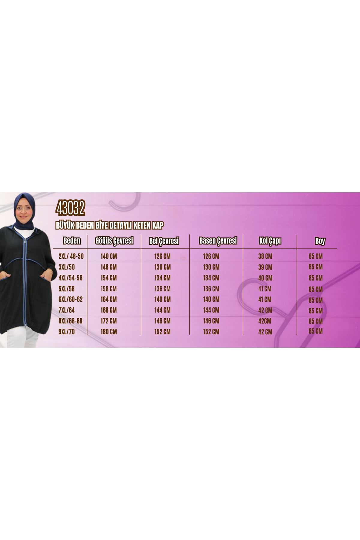 43032 Büyük Beden Biye Detaylı  Keten Kap - Siyah