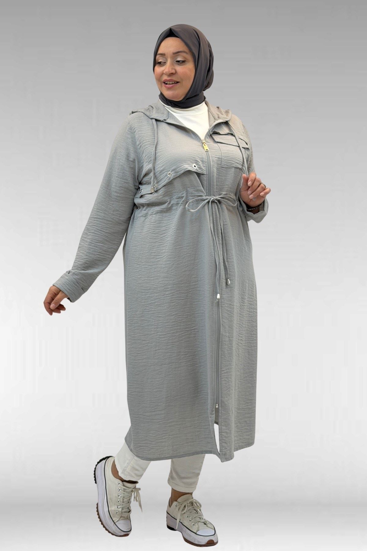 63008 Büyük Beden Kuşgözü Detaylı Keten Kap - Gri