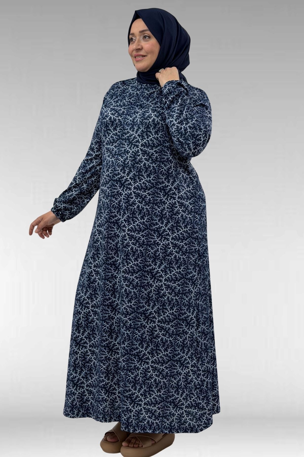 62012 Büyük Beden  Kolu Lastikli Desenli Micro Elbise - Lacivert Dal Desen